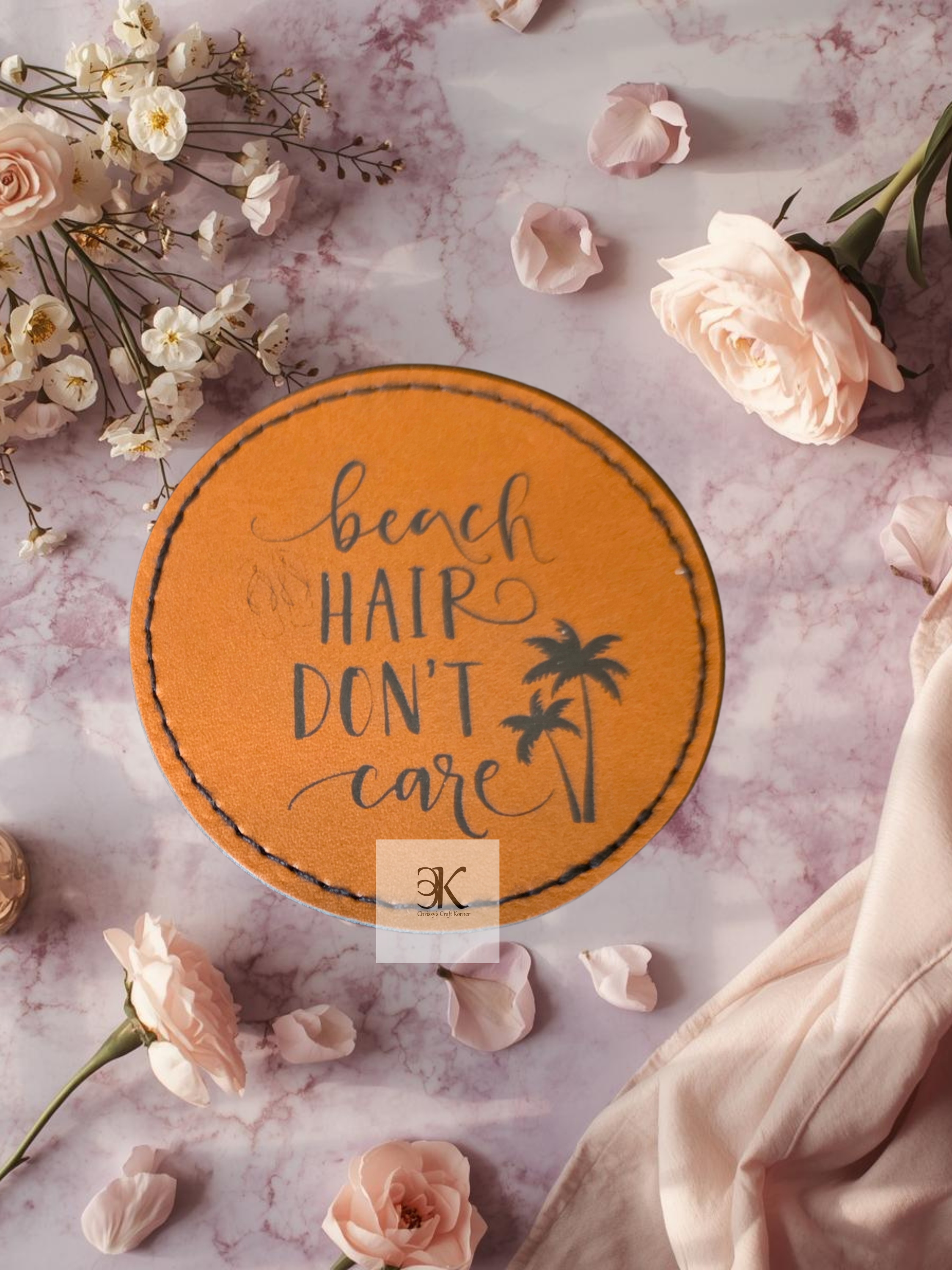Beach Hair Don't Care Iron-On Patch | 2.5x2.5 Engraved Faux Leather Patch
