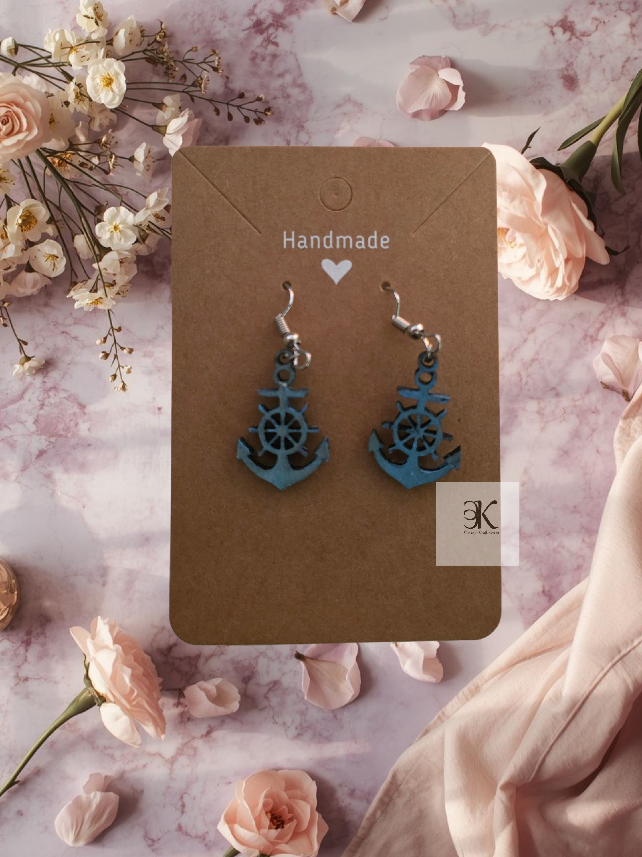 Wooden Teardrop Anchor & Ship Wheel Earrings | Hand-Painted Nautical Dangle Earrings