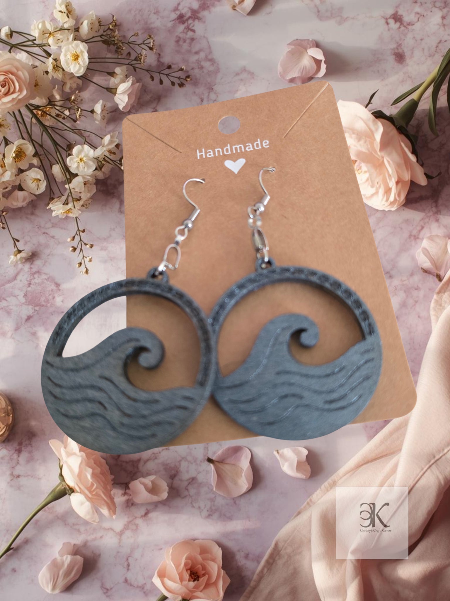 Handmade Wooden Blue Wave Earrings