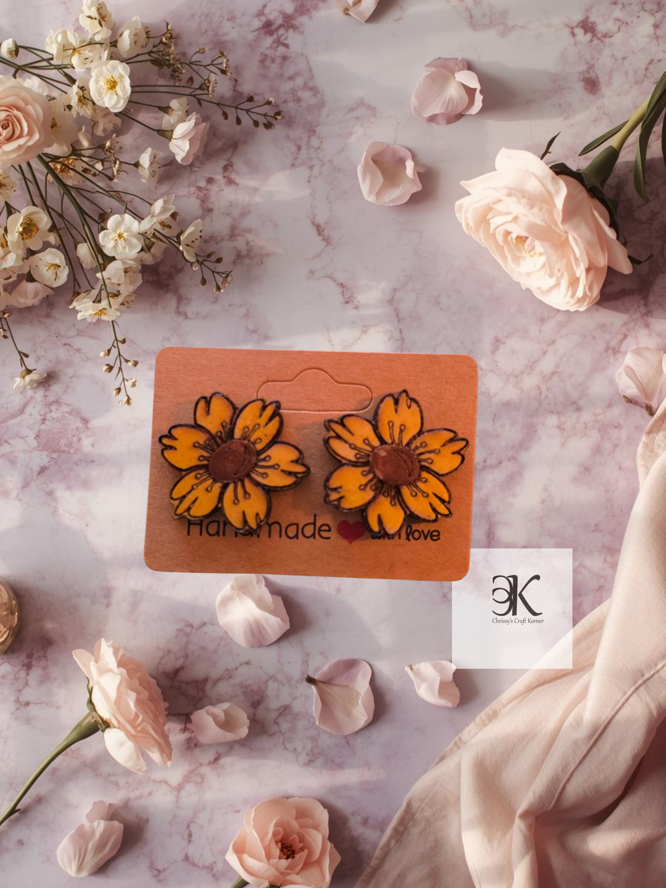 Wooden Sunflower Earrings | Rustic Floral Stud Earrings | Lightweight Handmade Boho Jewelry