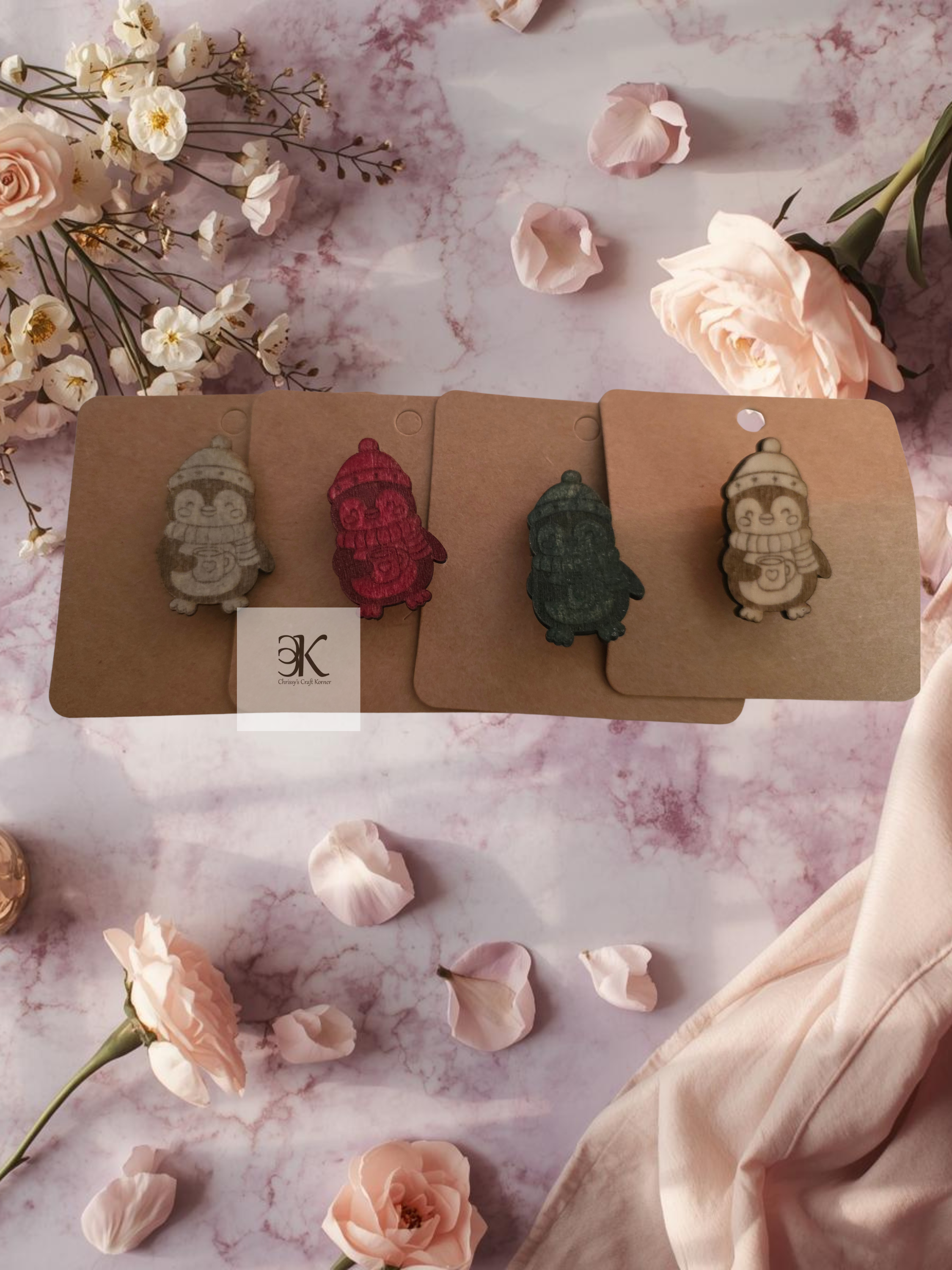 Wooden Christmas Penguin Pins | Hand-Painted Holiday Lapel Pins & Brooches