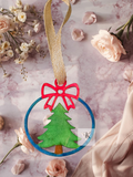 Handmade Wooden Christmas Tree Ornament | Painted Round Christmas Ornament with Red Bow | Rustic Holiday Decor