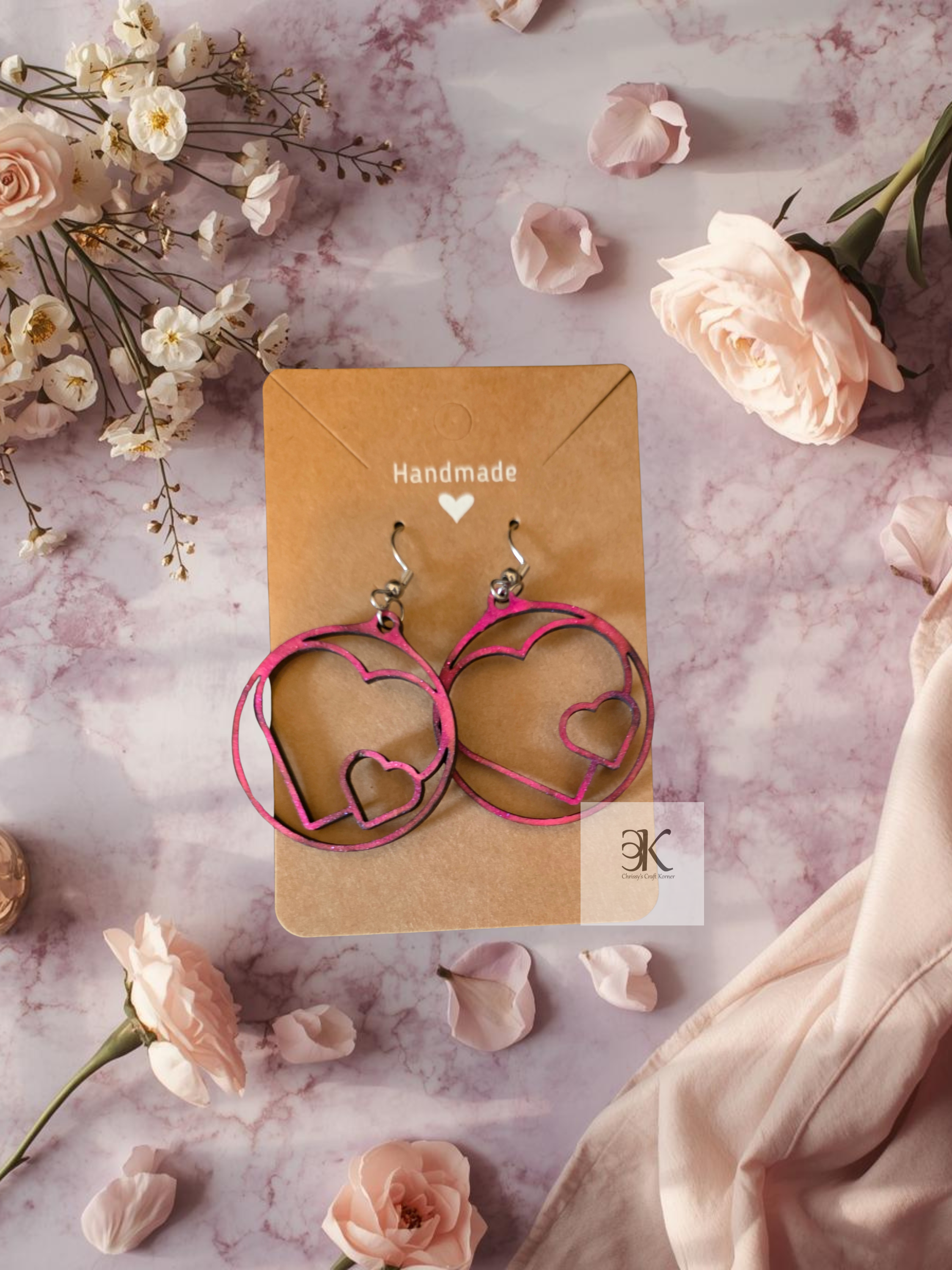 Handmade Wooden Heart Cutout Earrings | Round Double Heart Boho Wood Earrings | Lightweight Statement Jewelry