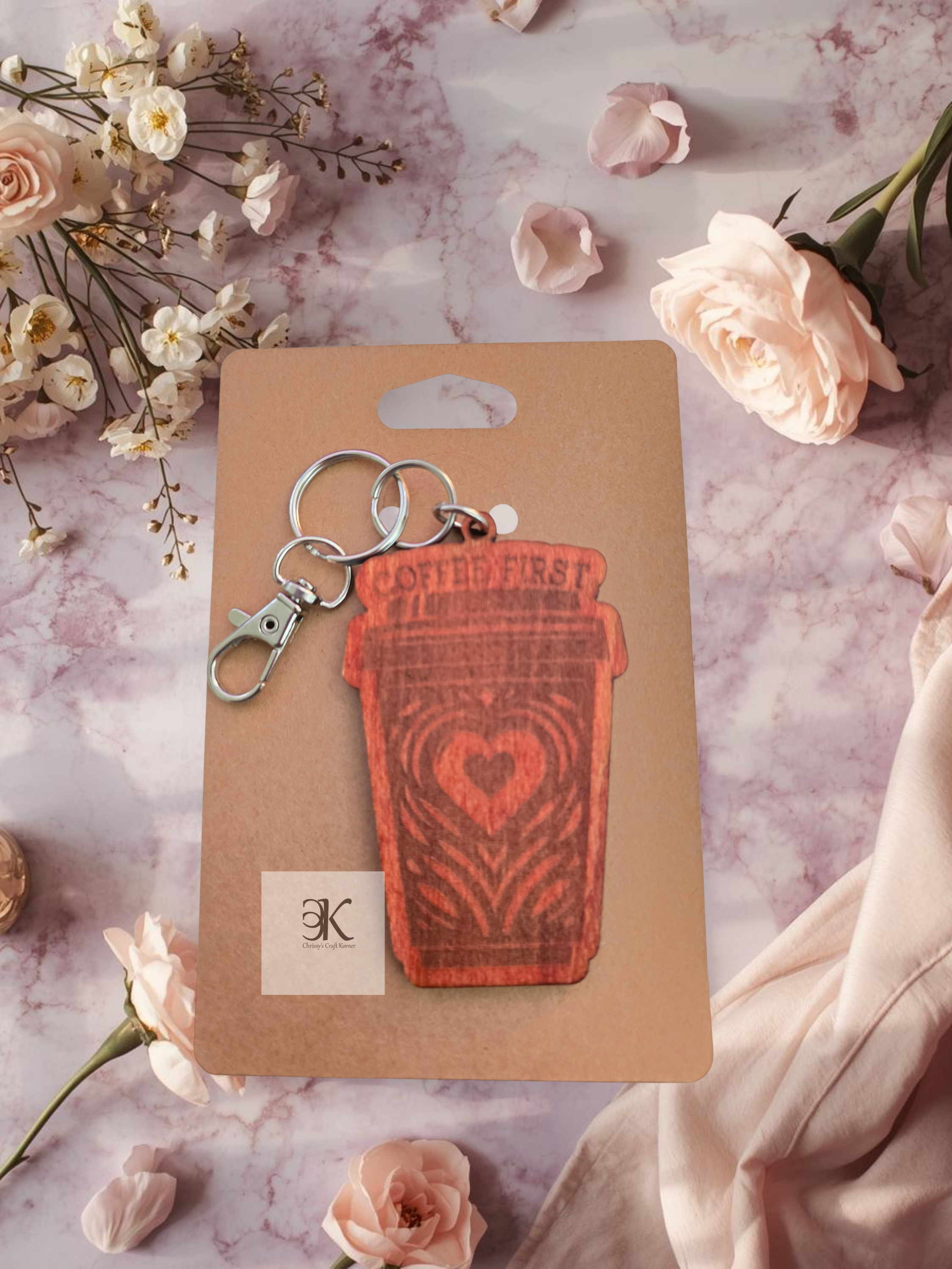 Wooden Coffee Cup Keychain | “Coffee First” Engraved Keychain | Cute Coffee Lover Gift Keyring