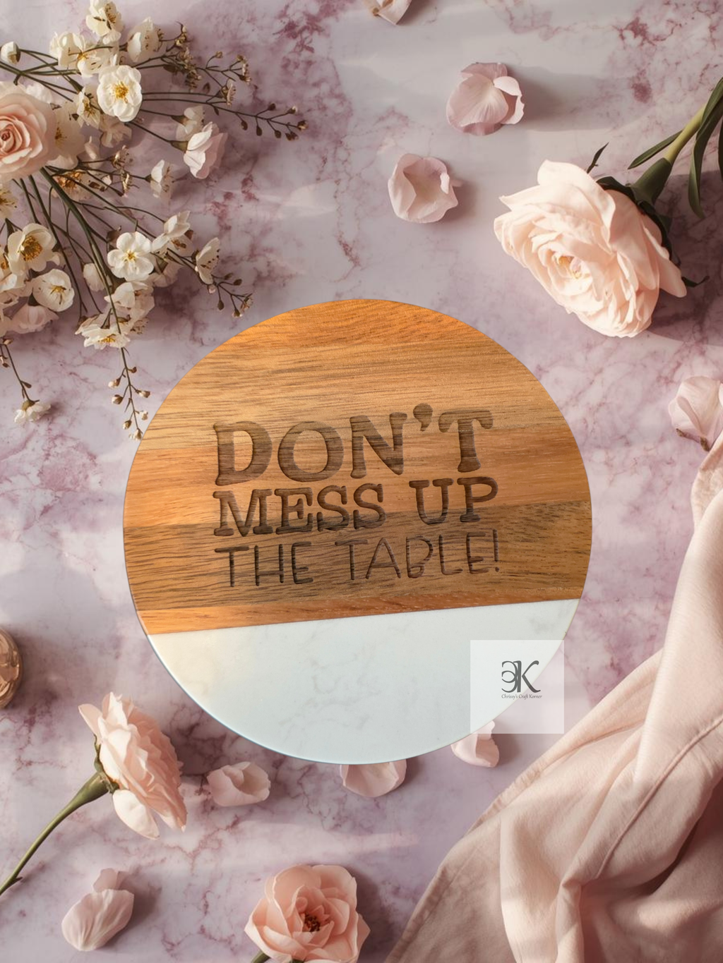 Funny Marble & Acacia Wood Coaster Set of 4 | "Don't Mess Up the Table" Engraved Coasters | Housewarming Gift