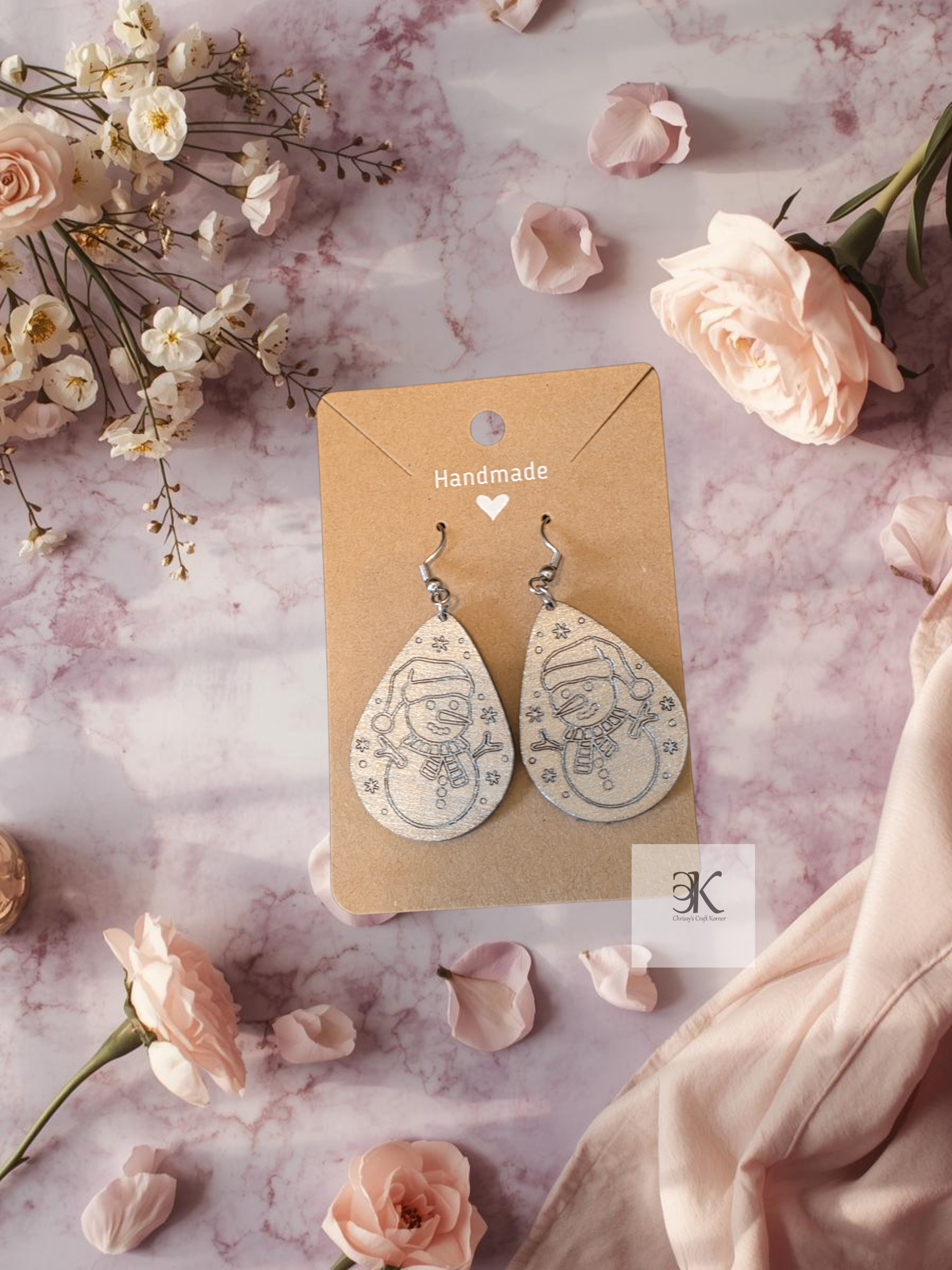 Handmade Wooden Teardrop Snowman Earrings | Snowflake Engraved Holiday Drop Earrings | Winter Jewelry