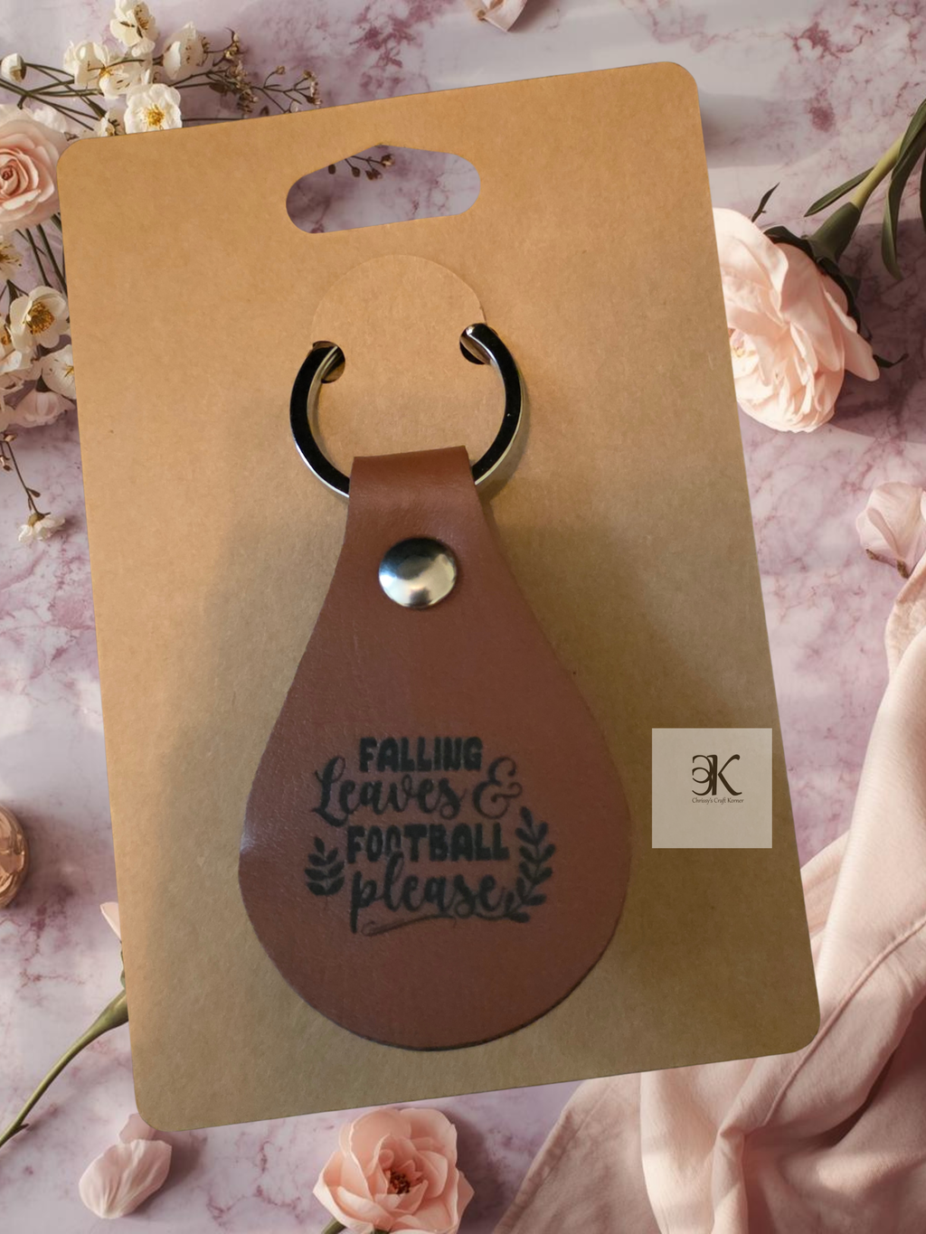 Leather Keychain “Fall Leaves and Football Please” Engraved Keychain | Autumn Football Lover Gift | Rustic Keyring