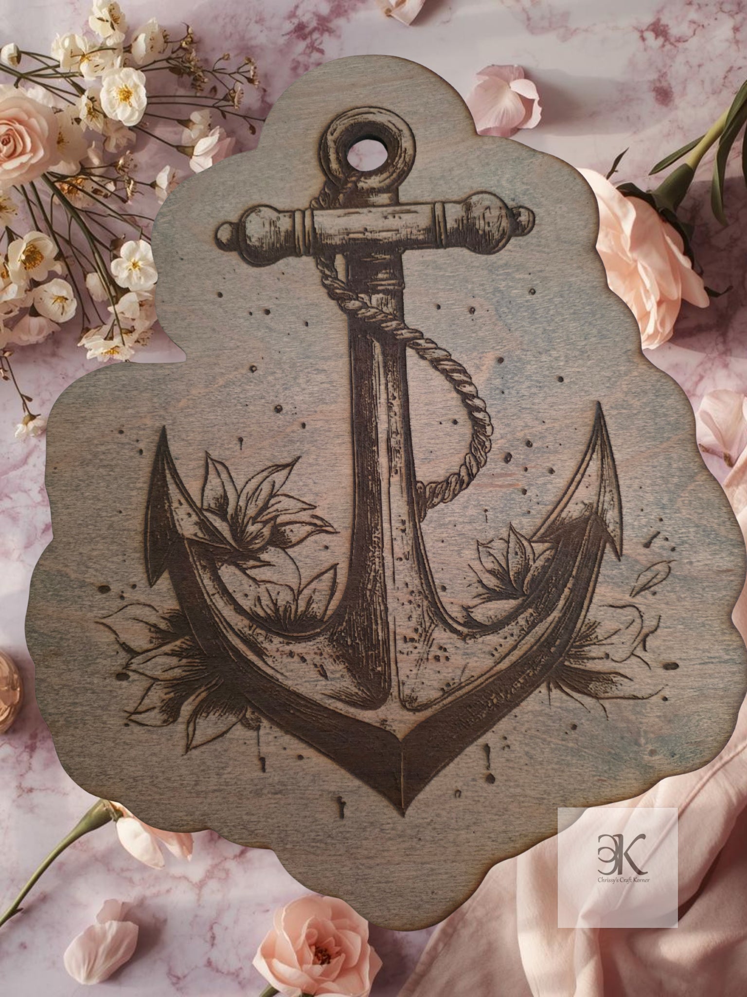 Rustic Wooden Floral Anchor – Coastal Wall Decor