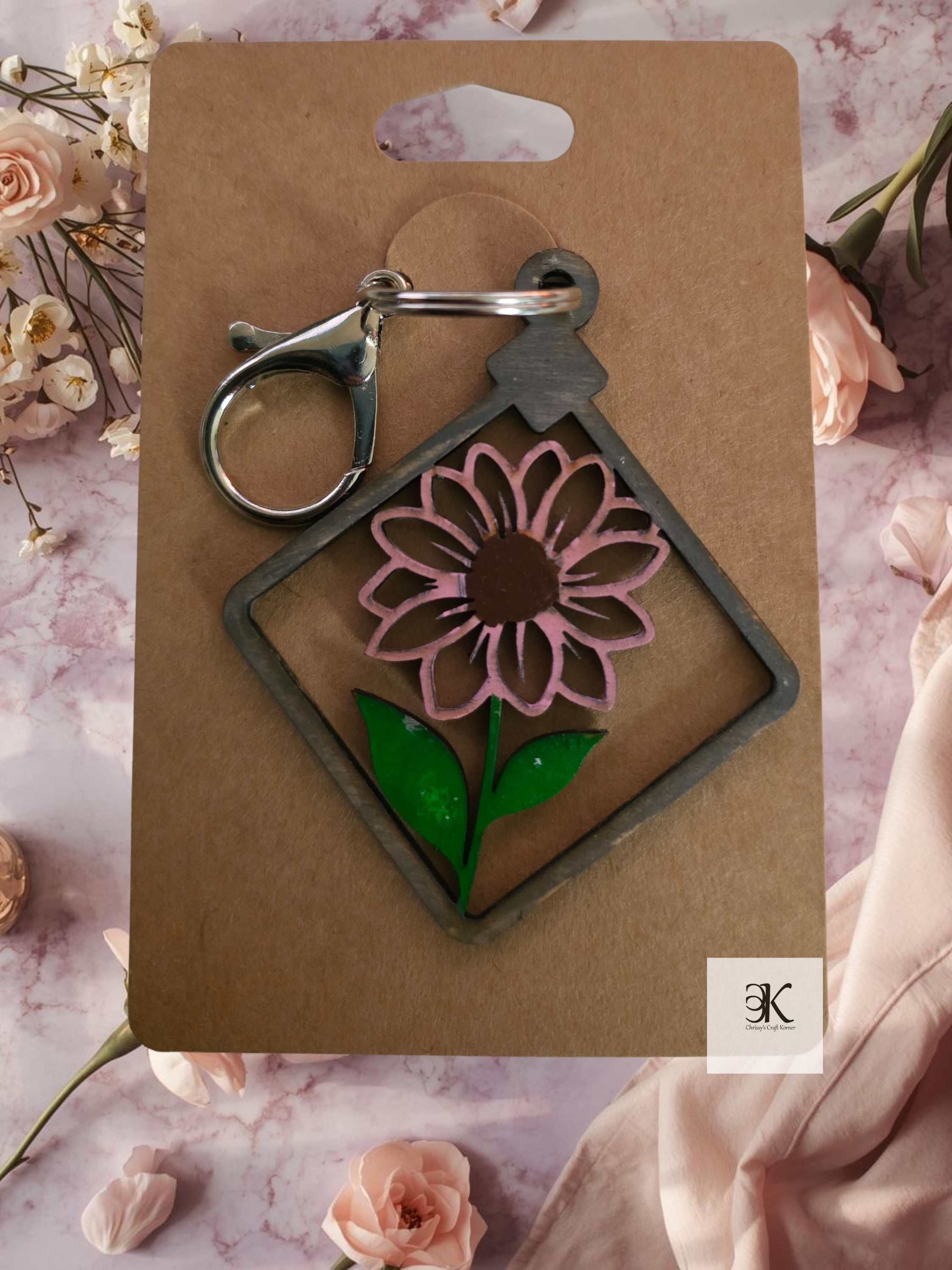 Wooden Pink Flower Keychain | Floral Wood Keyring | Cute Handmade Flower Charm | Lightweight Bag & Key Accessory | Gift for Her