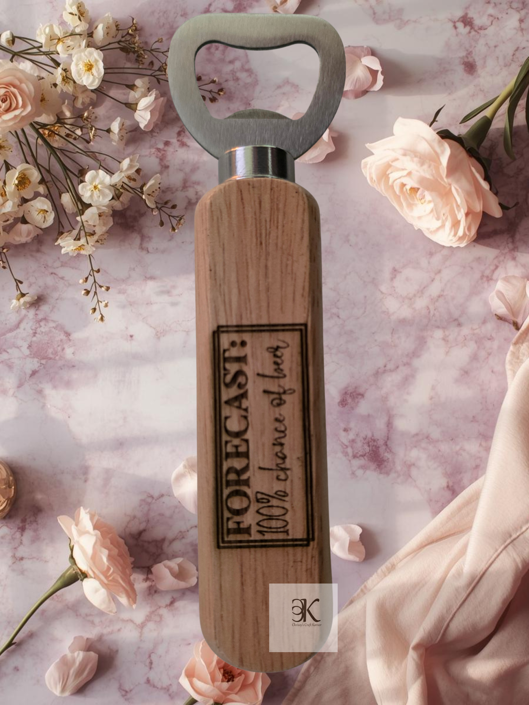 Wooden Beer Bottle Opener | "Forecast 100% Chance of Beer" Engraved | Funny Bar Accessory | Beer Lover Gift