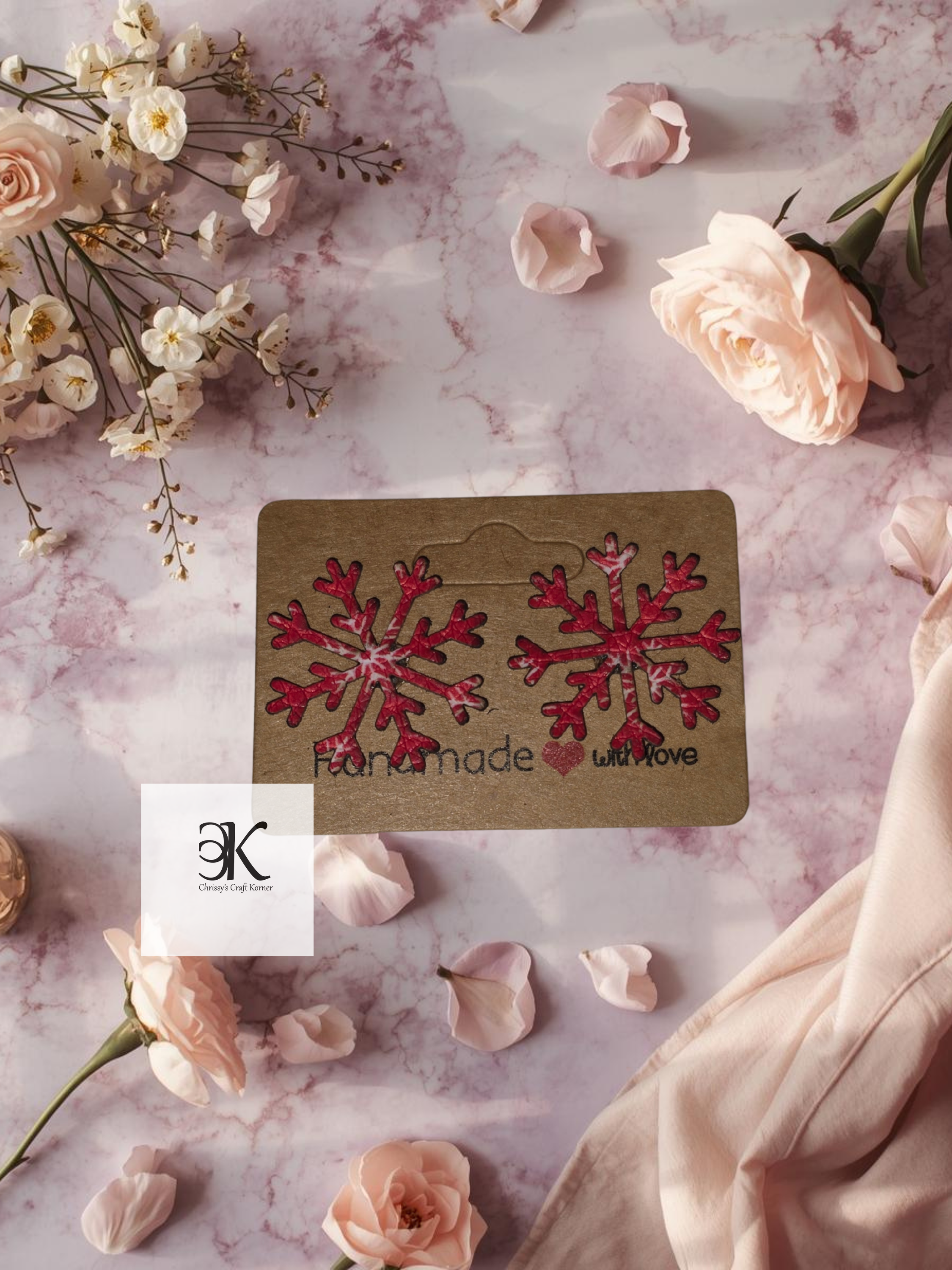 Red Snowflake Stud Earrings | Faux Leather Christmas & Winter Earrings