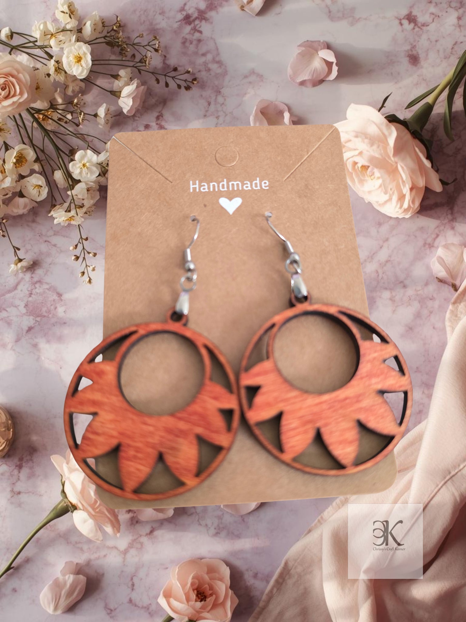 Lightweight Wooden Half Sun Cutout Earrings Handmade - Natural Boho Jewelry