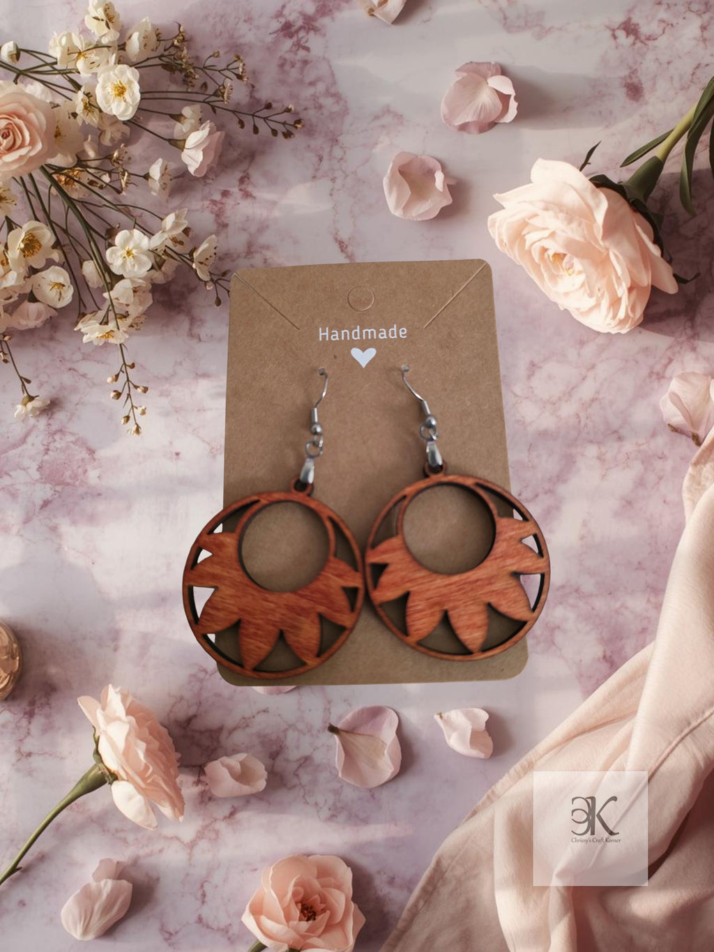 Lightweight Wooden Half Sun Cutout Earrings Handmade - Natural Boho Jewelry