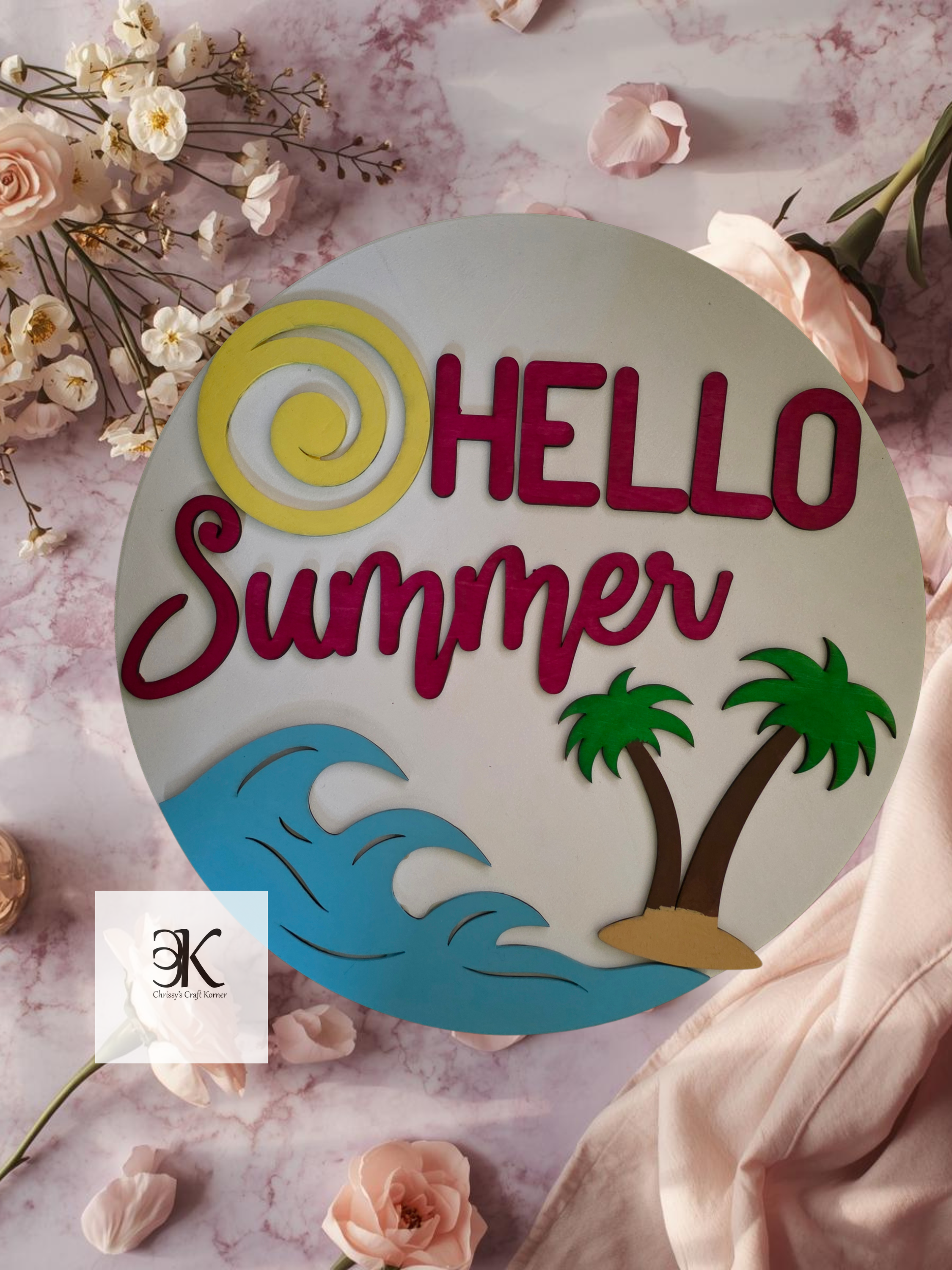 Hello Summer Round Door Sign – Palm Tree, Waves & Sun Beach Front Door Hanger
