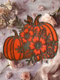 Wooden Layered Floral Pumpkin Decor | Fall Thanksgiving Table & Shelf Decoration