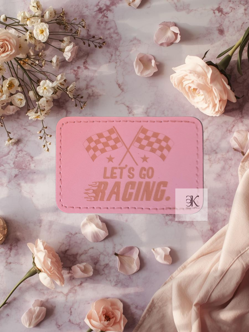 Let's Go Racing Iron-On Patch | Racing Flags Engraved Faux Leather Patch 3x2