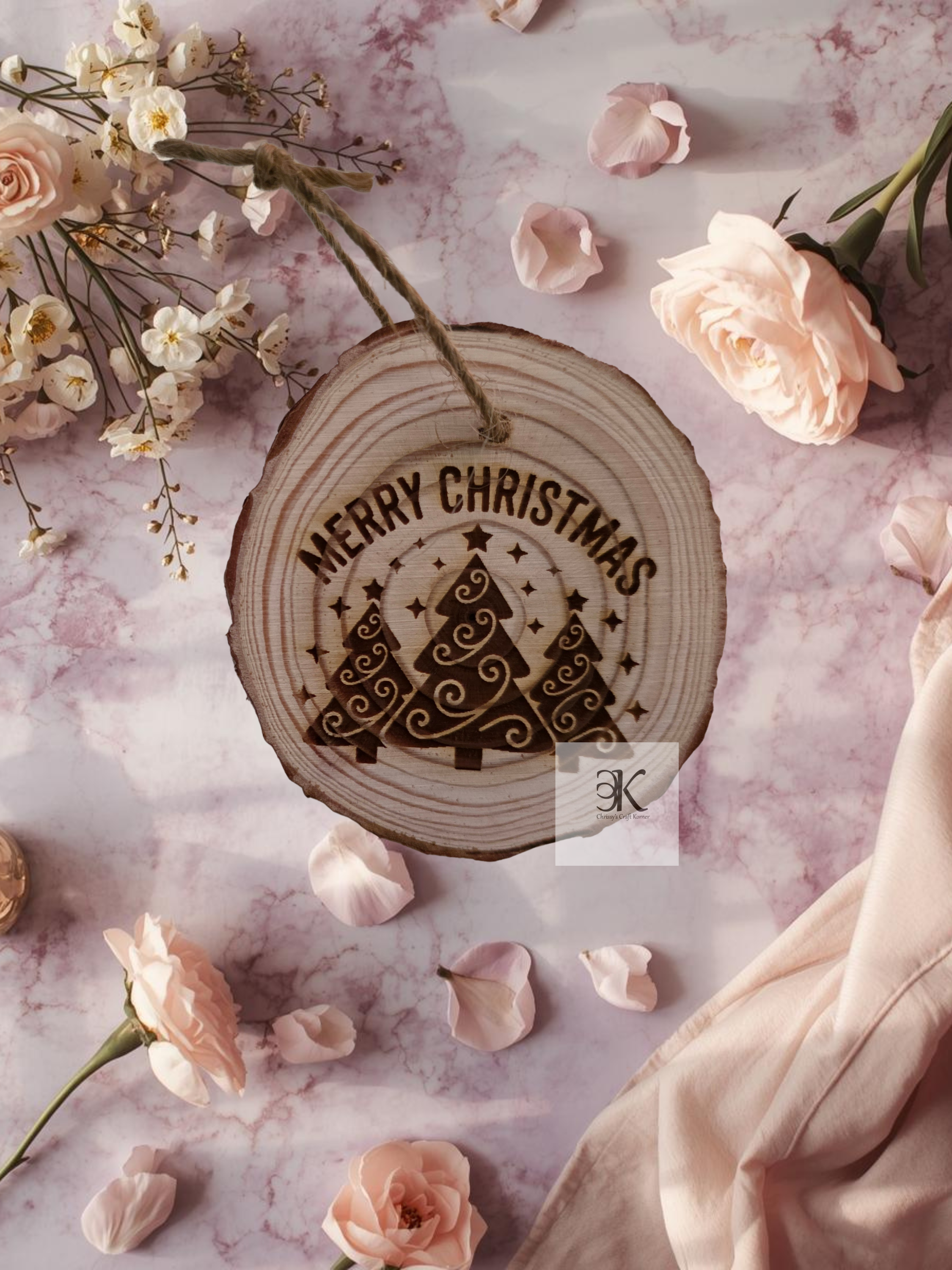 Wooden Bark Merry Christmas Ornament | Rustic Christmas Tree Ornament with Snowflakes | Farmhouse Holiday Decor