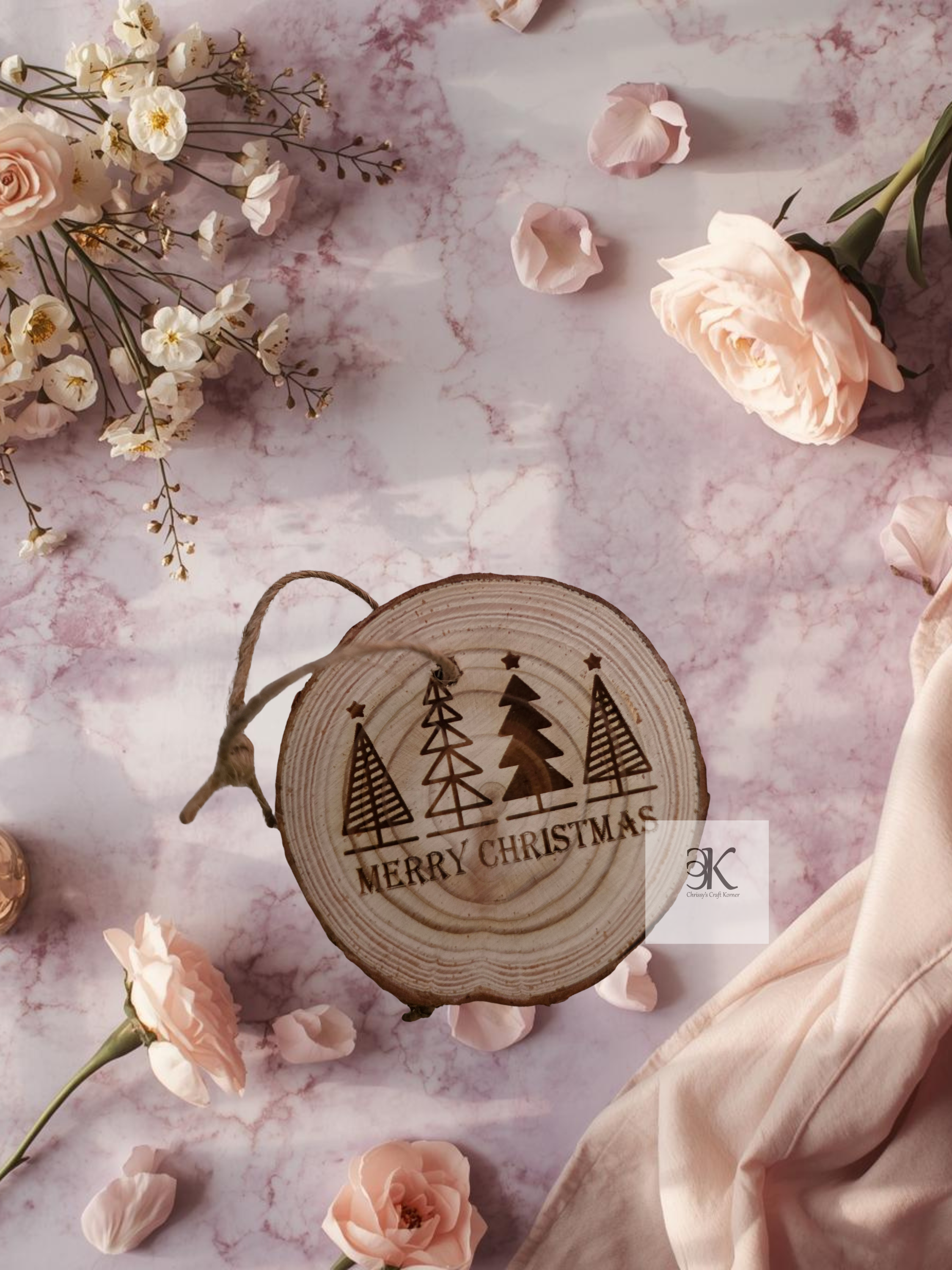 Wooden Bark Merry Christmas Ornament | Rustic Ornament with 4 Christmas Trees | Handmade Holiday Tree Decoration