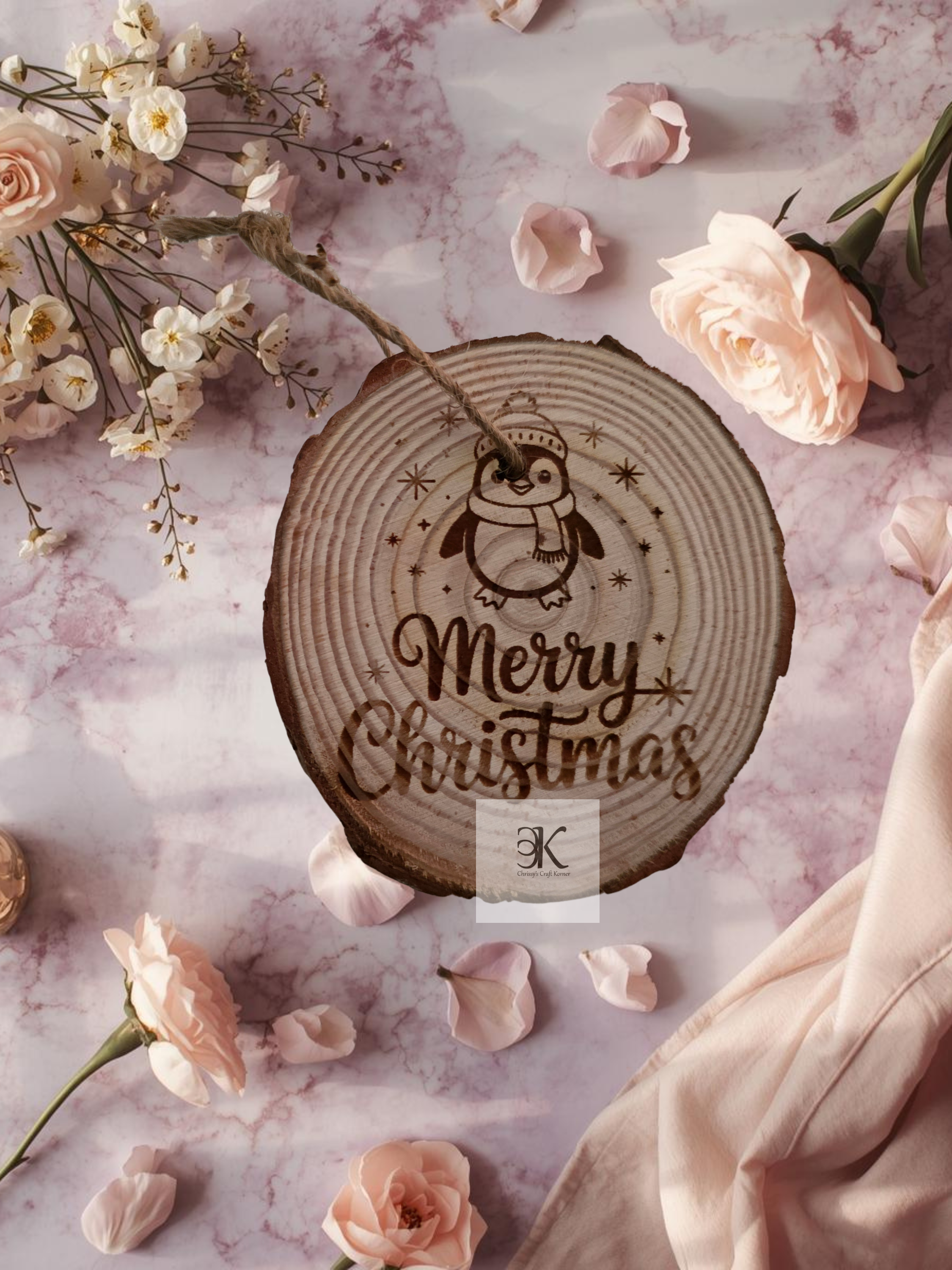 Wooden Bark Penguin Merry Christmas Ornament | Rustic Engraved Christmas Tree Ornament | Handmade Holiday Decor