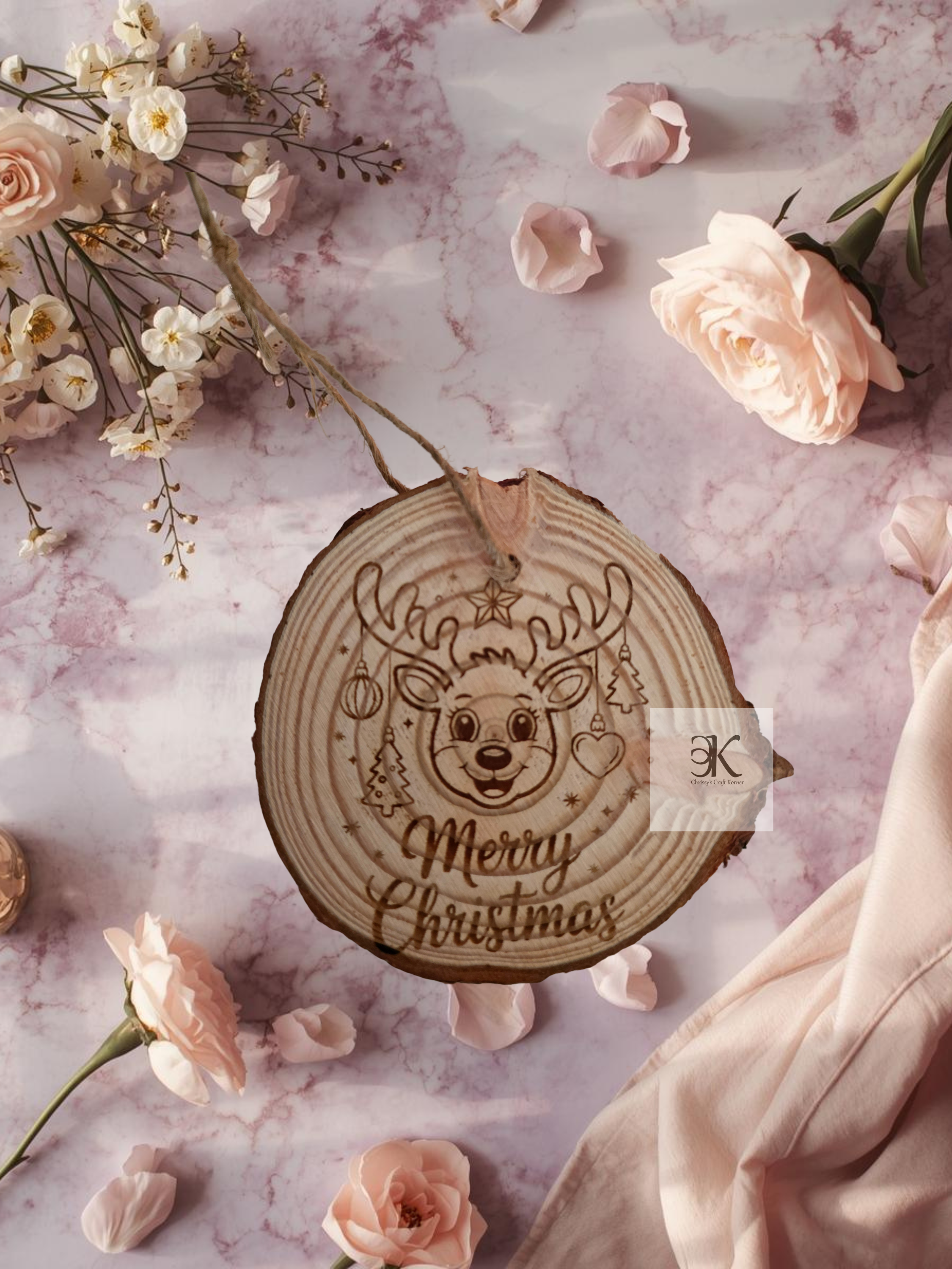Wooden Bark Reindeer Merry Christmas Ornament | Rustic Engraved Christmas Tree Ornament | Handmade Holiday Decor