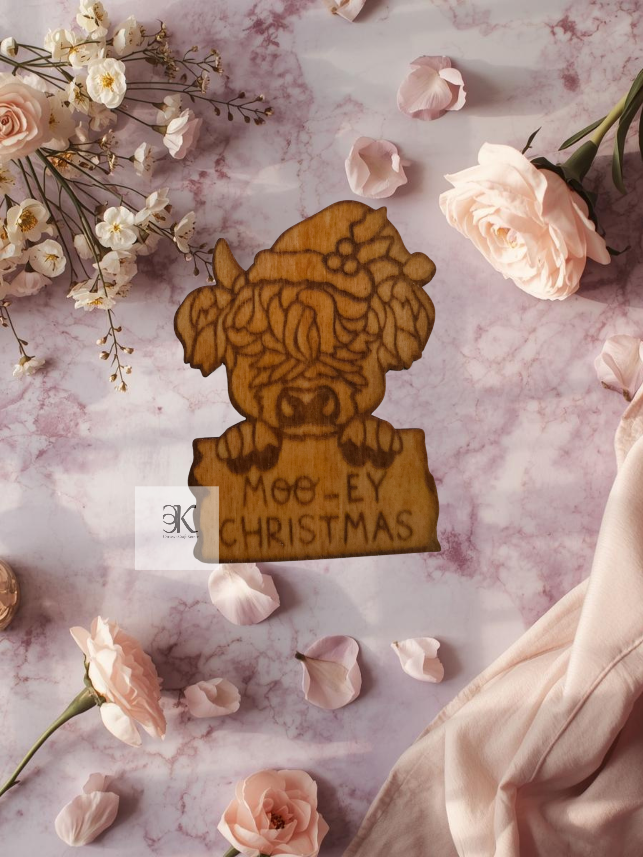 Wooden Highland Cow Magnet | "Mooey Christmas" Engraved Magnet | Handmade Christmas Fridge Decor