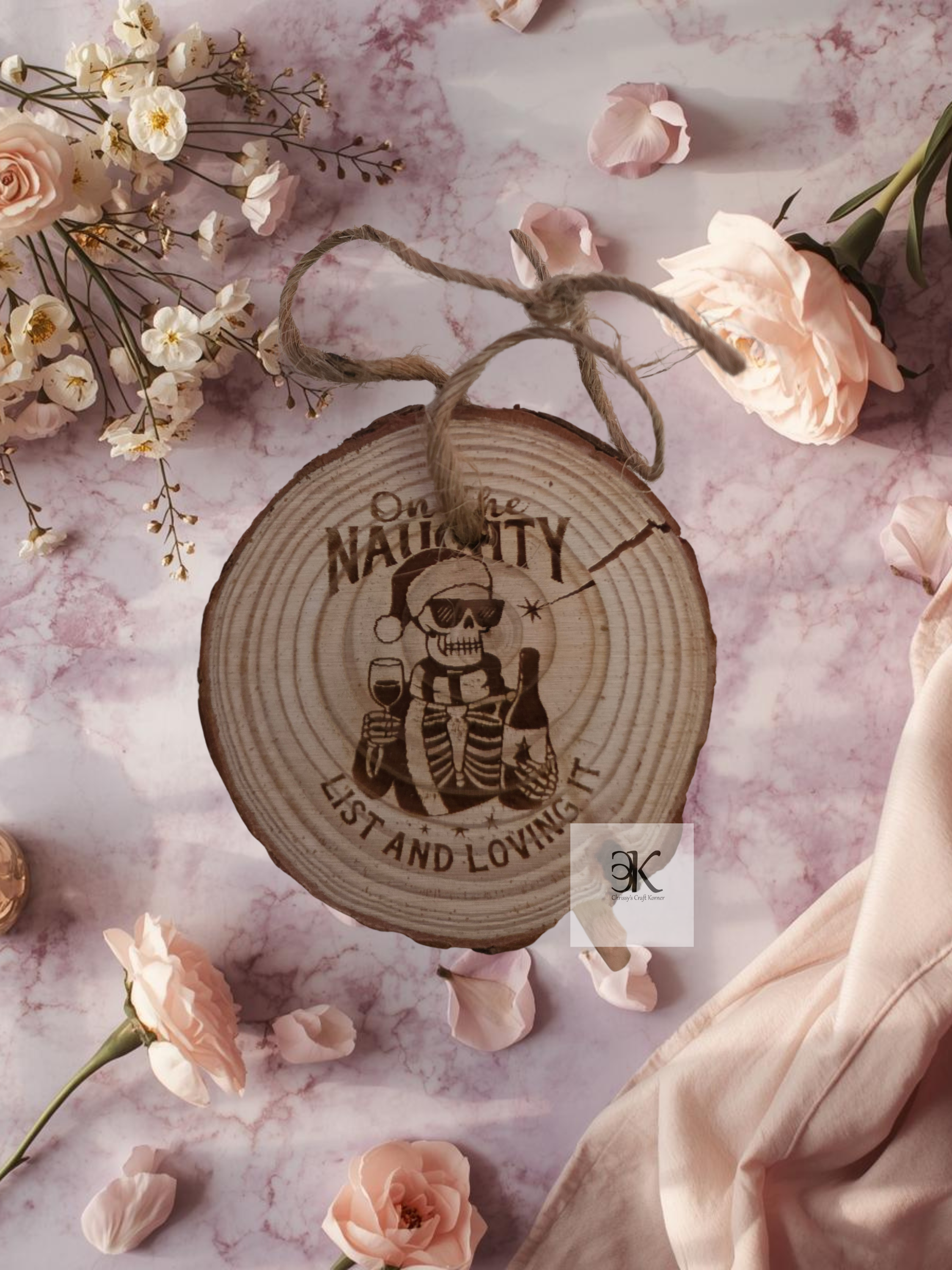 Wooden Bark Skeleton Wine Ornament | "On the Naughty List and Loving It" Christmas Ornament | Funny Rustic Holiday Decor