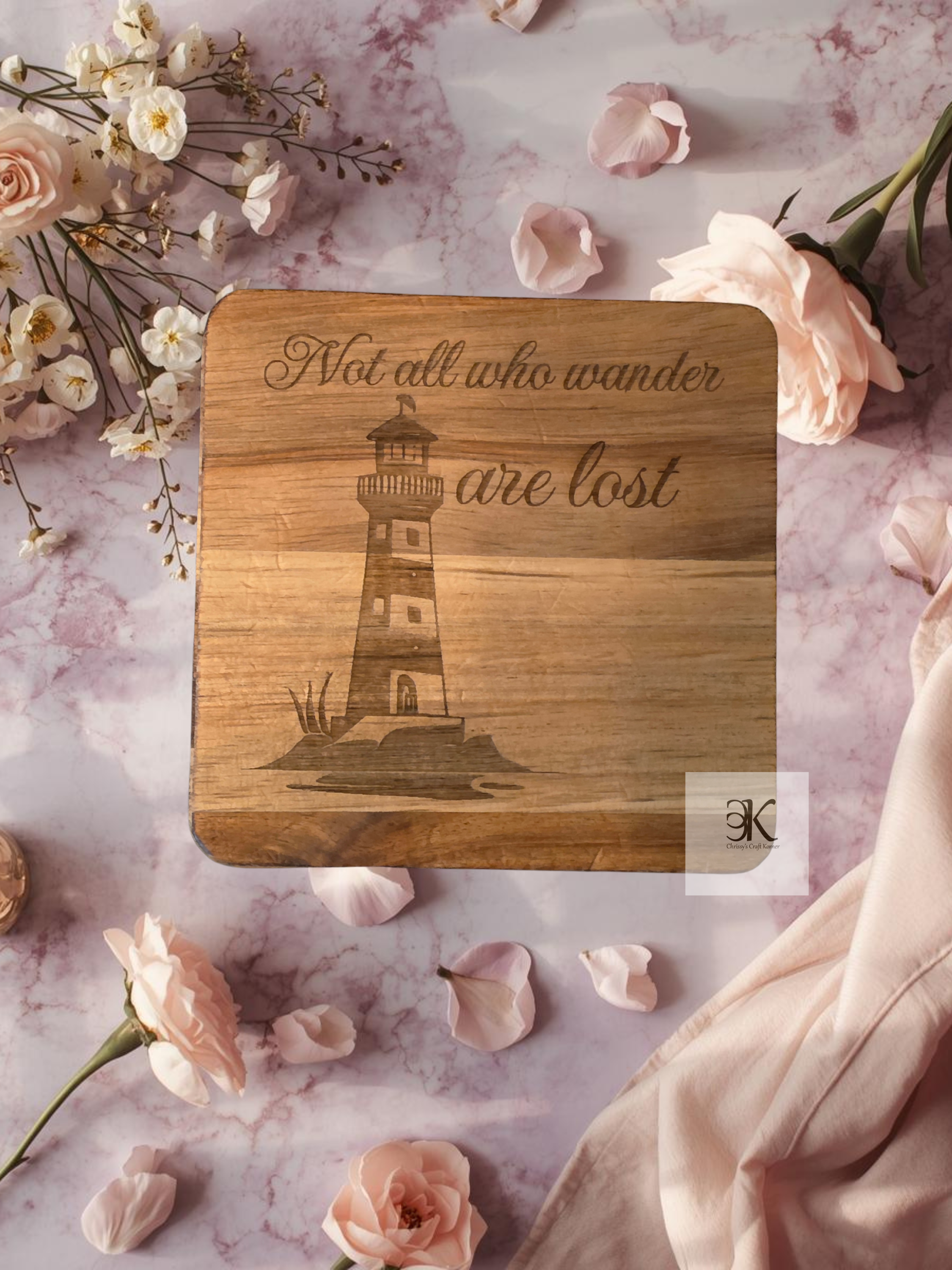 Engraved Acacia Wood Coaster Set of 4 | Lighthouse Drink Coasters | Not All Who Wander Are Lost | Coastal & Nautical Home Decor