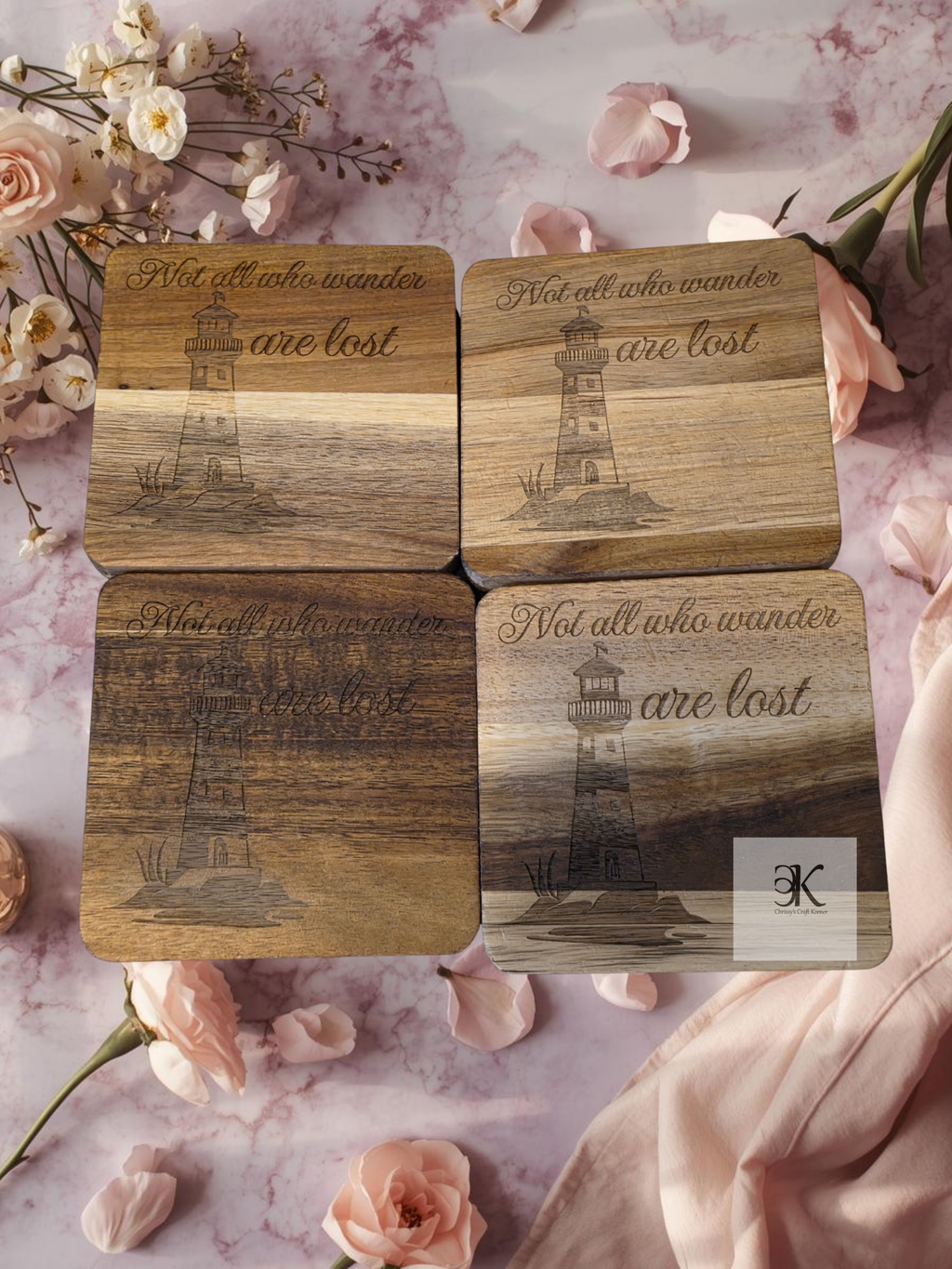 Engraved Acacia Wood Coaster Set of 4 | Lighthouse Drink Coasters | Not All Who Wander Are Lost | Coastal & Nautical Home Decor