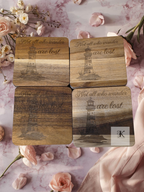 Engraved Acacia Wood Coaster Set of 4 | Lighthouse Drink Coasters | Not All Who Wander Are Lost | Coastal & Nautical Home Decor
