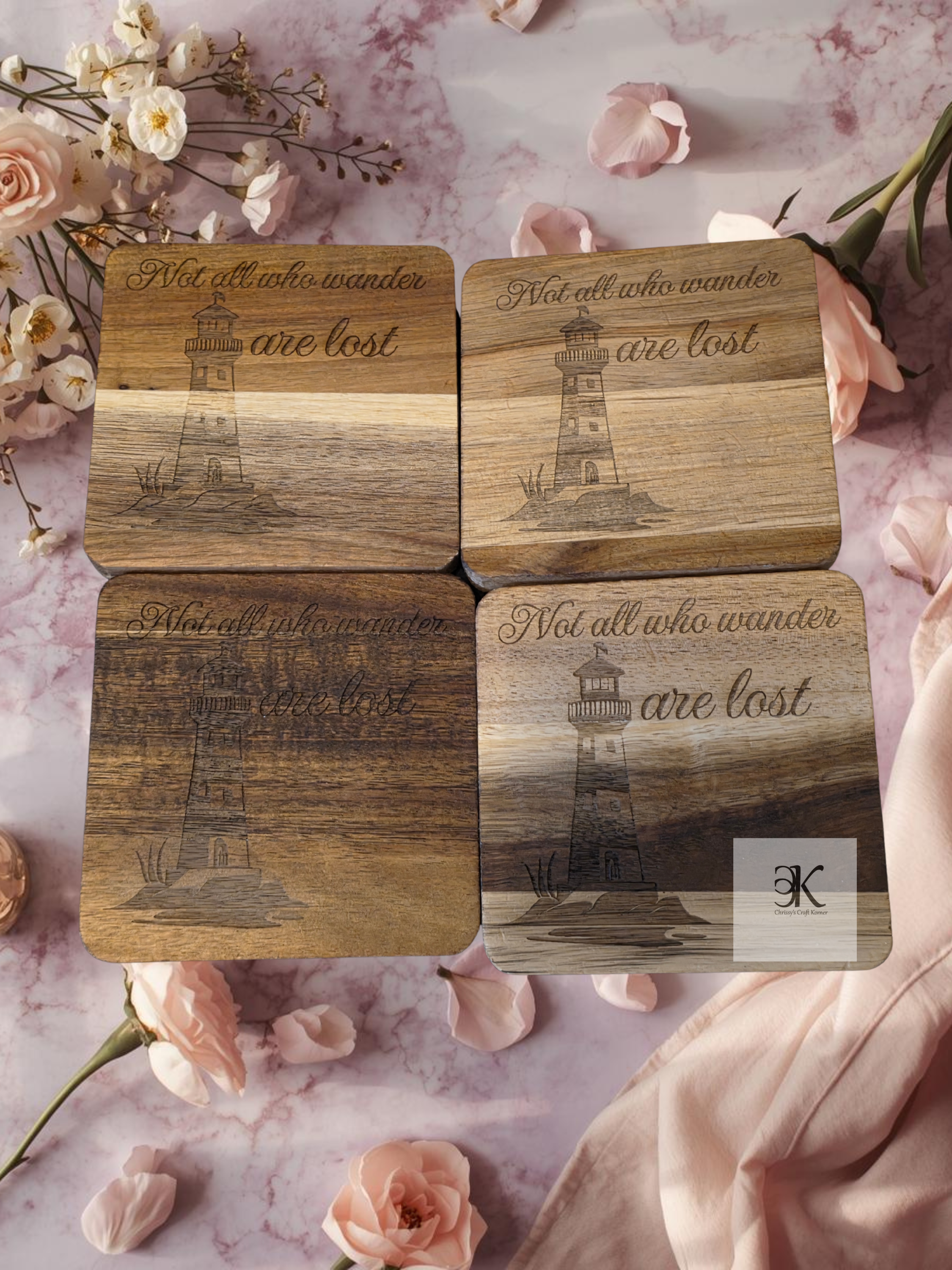 Engraved Acacia Wood Coaster Set of 4 | Lighthouse Drink Coasters | Not All Who Wander Are Lost | Coastal & Nautical Home Decor