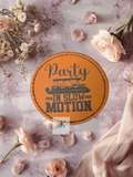 Party in Slow Motion Pontoon Boat Iron-On Patch | Funny Boating Faux Leather Patch 2.5x2.5
