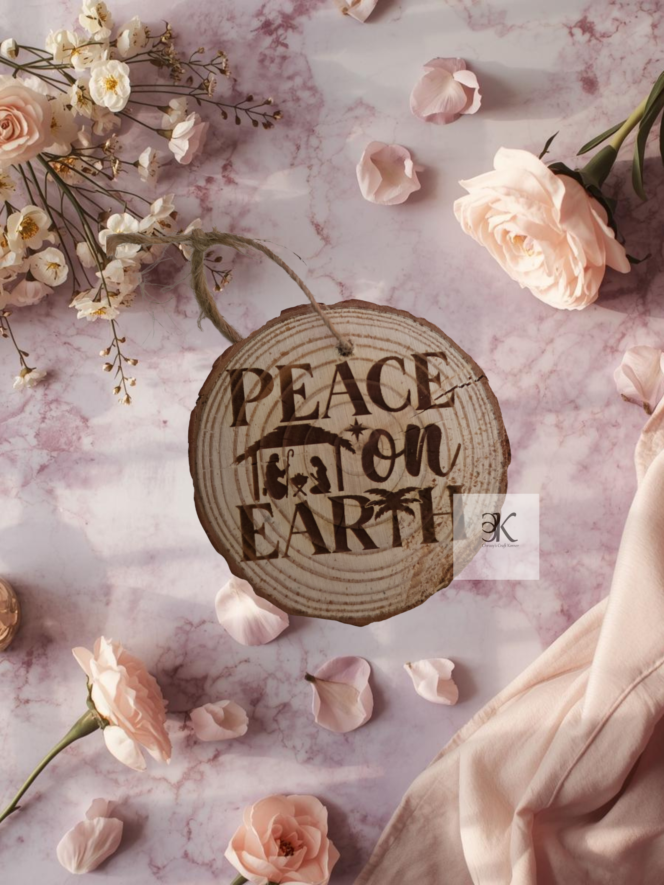 Handmade Wooden Bark “Peace on Earth” Ornament | Nativity Scene Christmas Ornament | Rustic Christian Holiday Décor