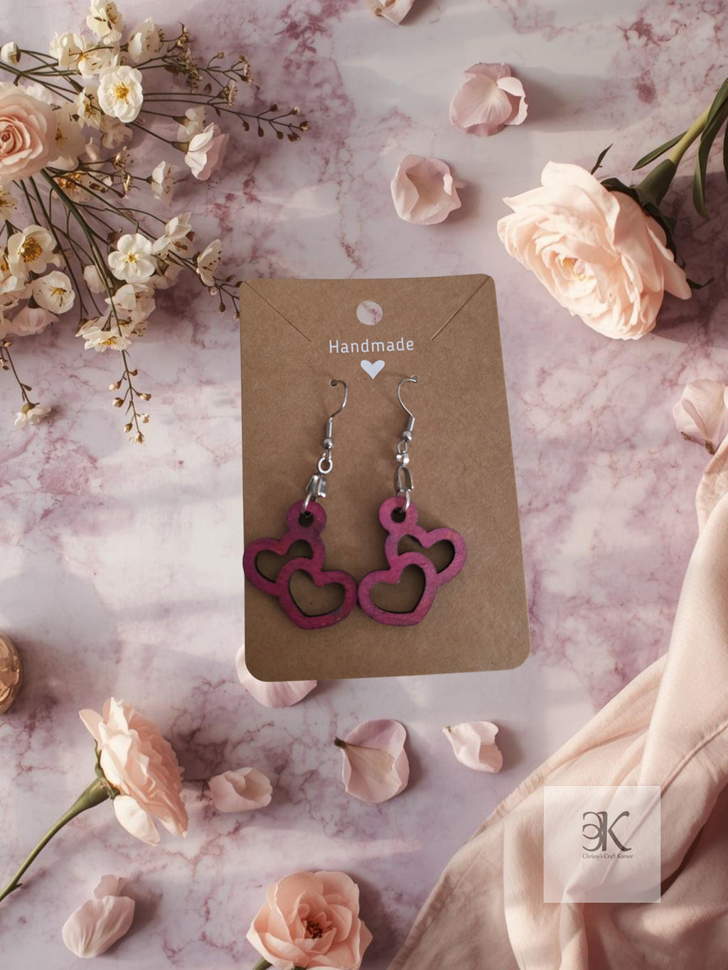 Handmade Wooden Pink Heart Earrings - Dangle Earrings