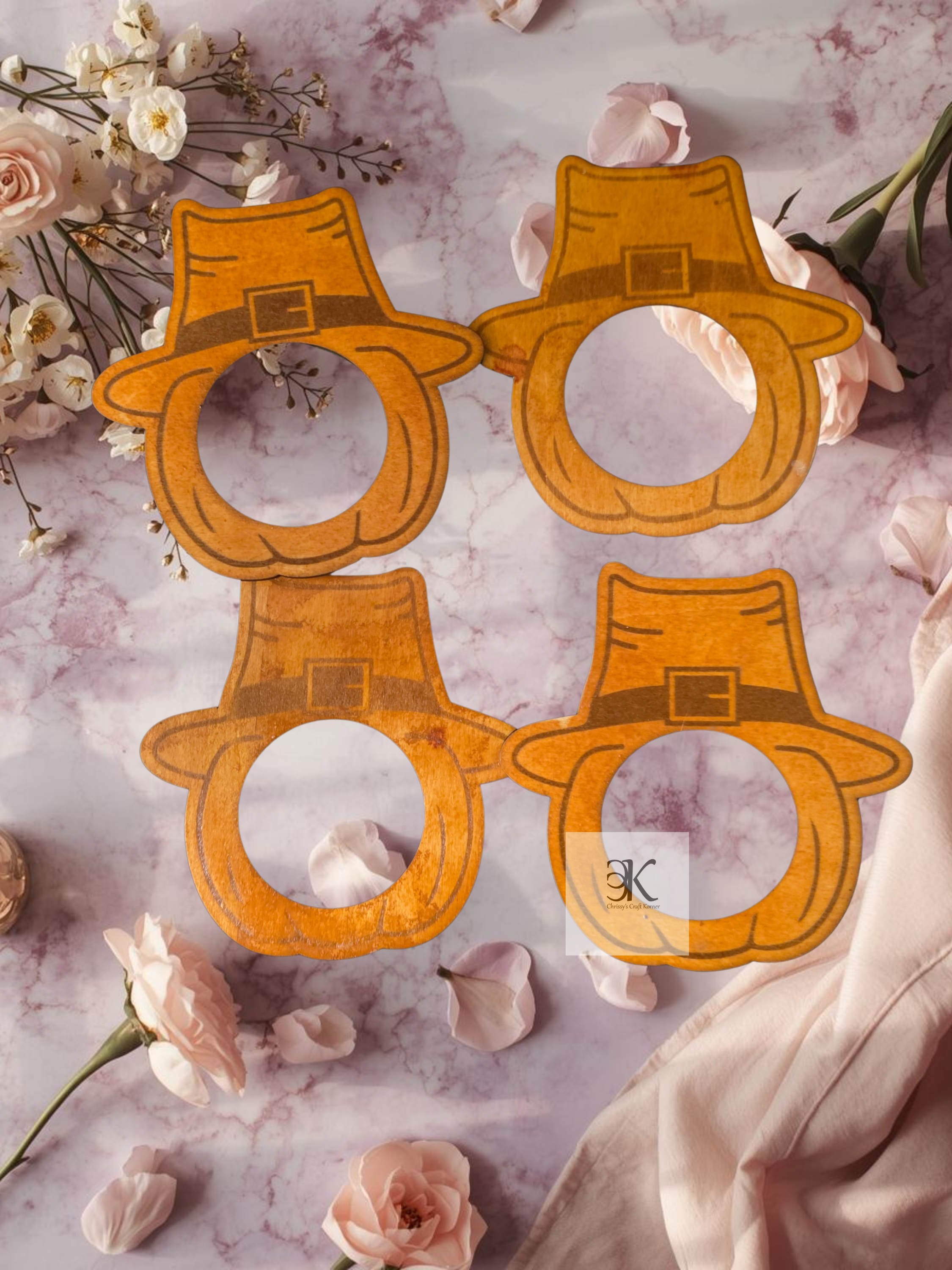 Handmade Wooden Pumpkin Napkin Rings Set of 4 | Thanksgiving Table Decor | Fall Pumpkin Napkin Holders with Pilgrim Hats