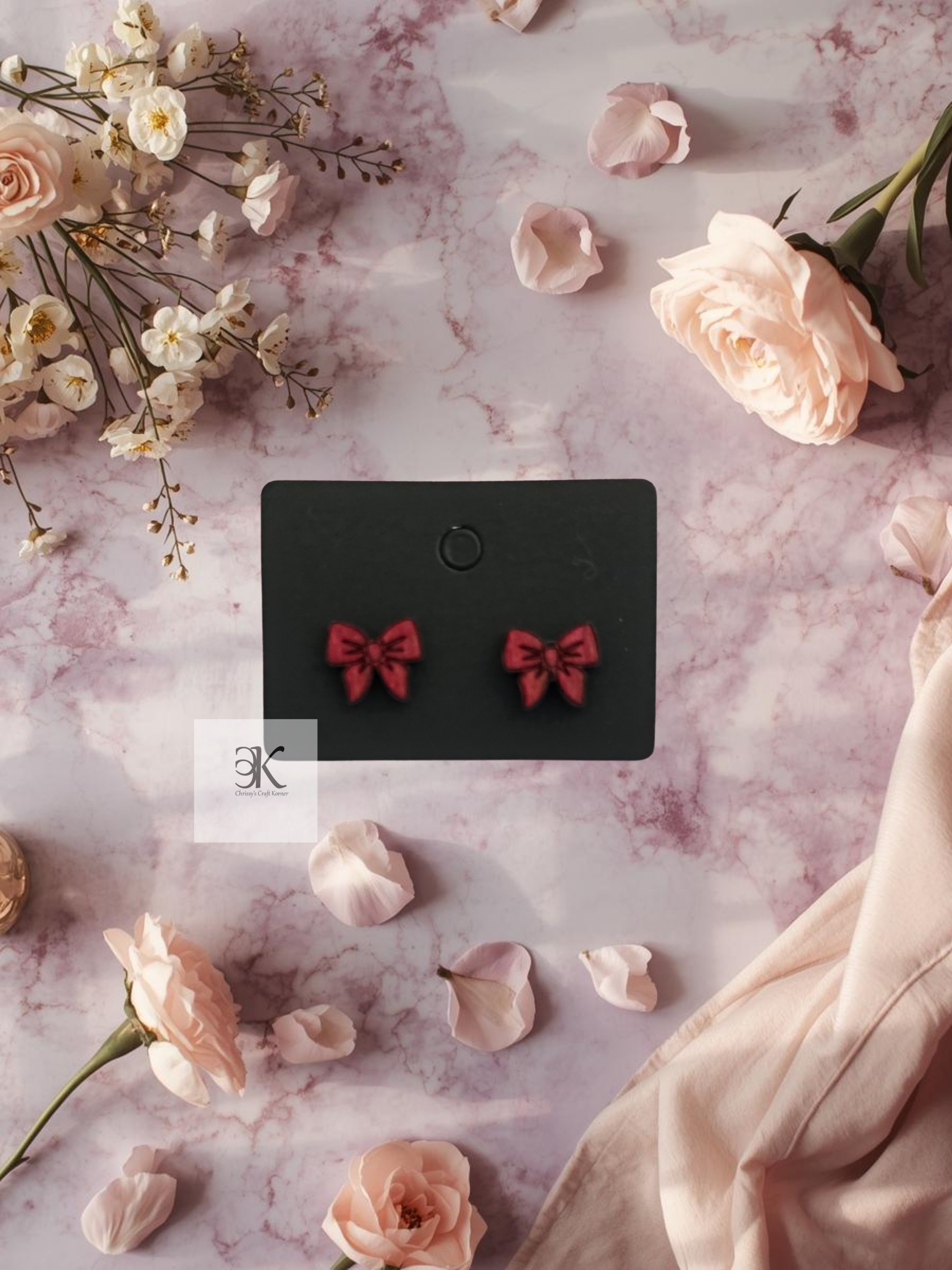 Wooden Red Bow Stud Earrings | Cute Holiday Bow Jewelry | Lightweight Handmade Earrings Gift