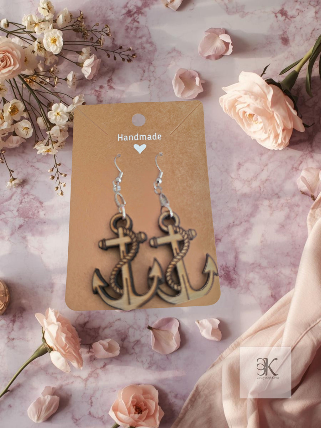 Handmade Wooden Roped Anchor Earrings - Lightweight Nautical Jewelry