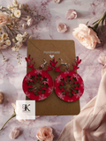 Red Snowflake Antler Earrings | Faux Leather Round Christmas Earrings