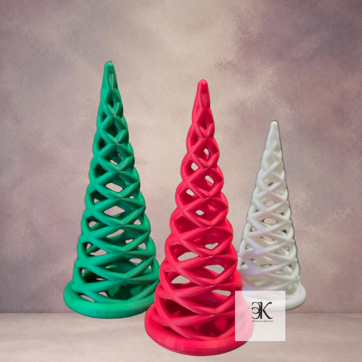3D Printed Spiral Christmas Tree Tea Light Holders – Red, Green & White