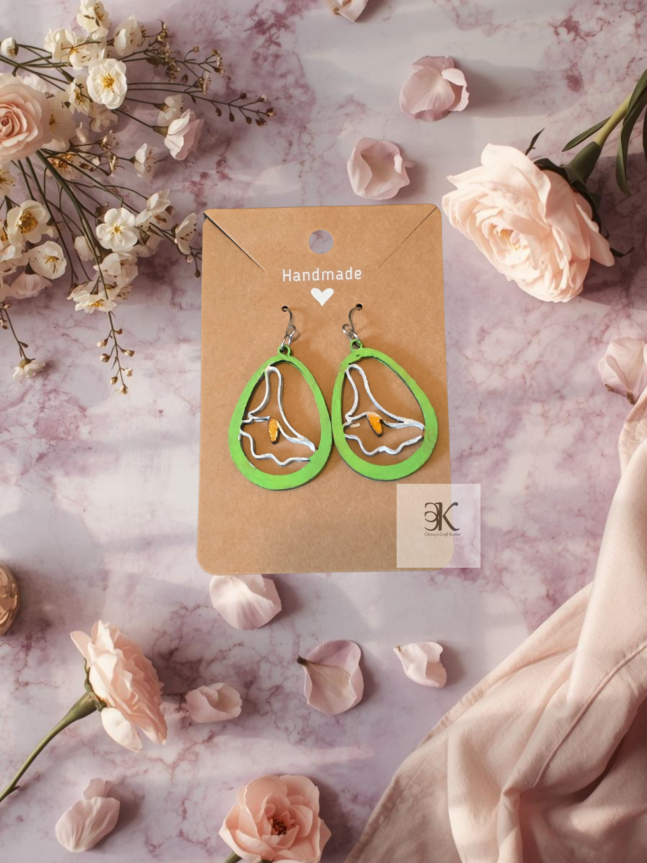 Handmade Wooden Calla Lily Teardrop Earrings | Lightweight Floral Cutout Dangle Earrings