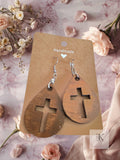 Handmade Wooden Teardrop Cross Dangle Earrings - Natural Laser Cut Style
