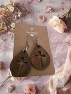 Handmade Wooden Teardrop Cross Dangle Earrings - Natural Laser Cut Style