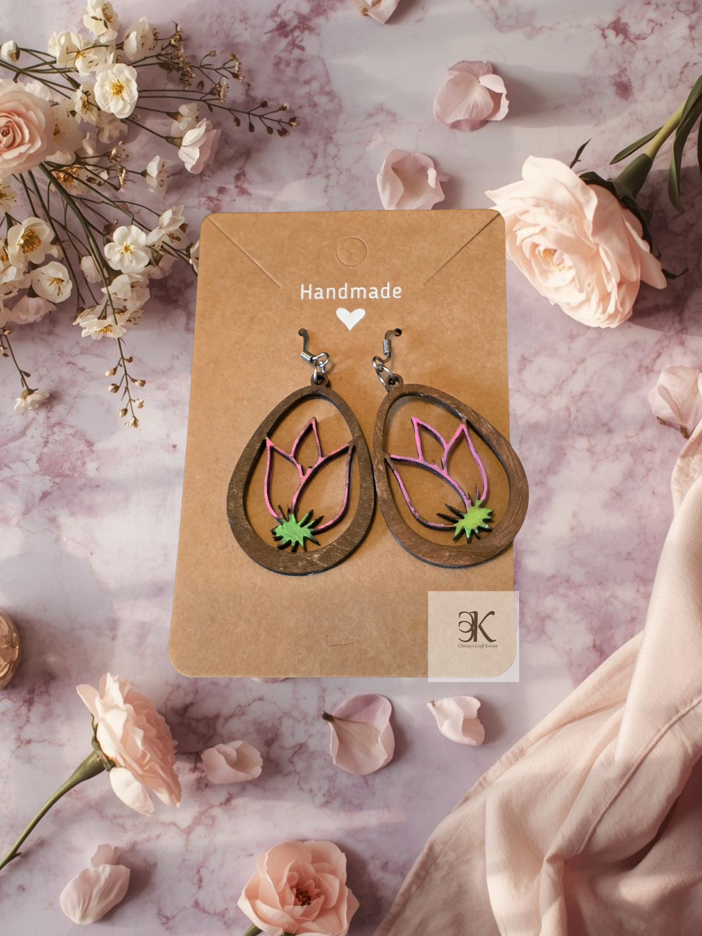 Handmade Wooden Tulip Teardrop Earrings | Lightweight Floral Cutout Dangle Earrings