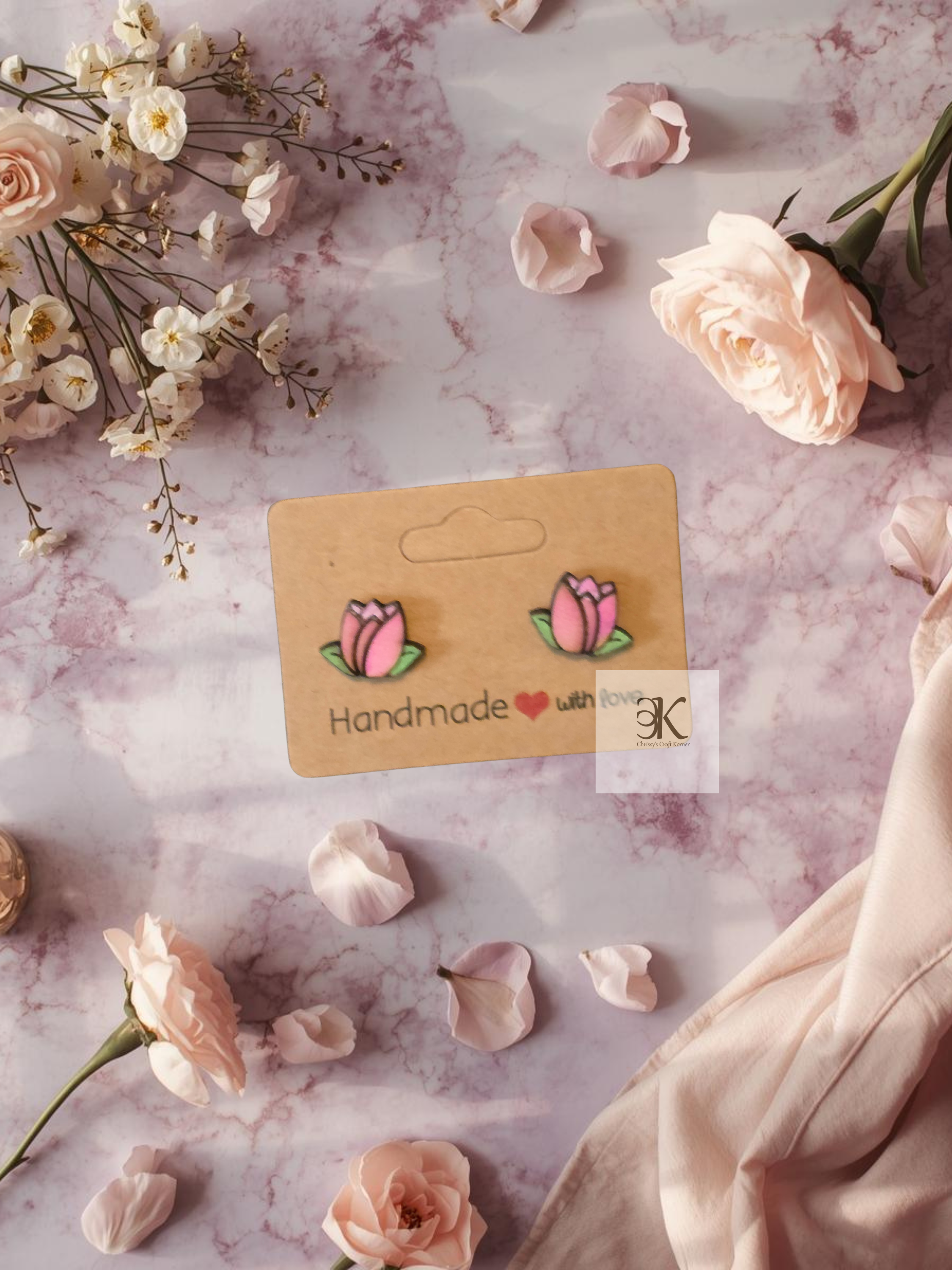 Wooden Pink Tulip Stud Earrings | Floral Flower Earrings | Lightweight Handmade Spring Jewelry Gift