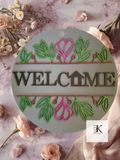 Welcome Round Door Sign with Floral Design & House Accent – Front Door Hanging Decor