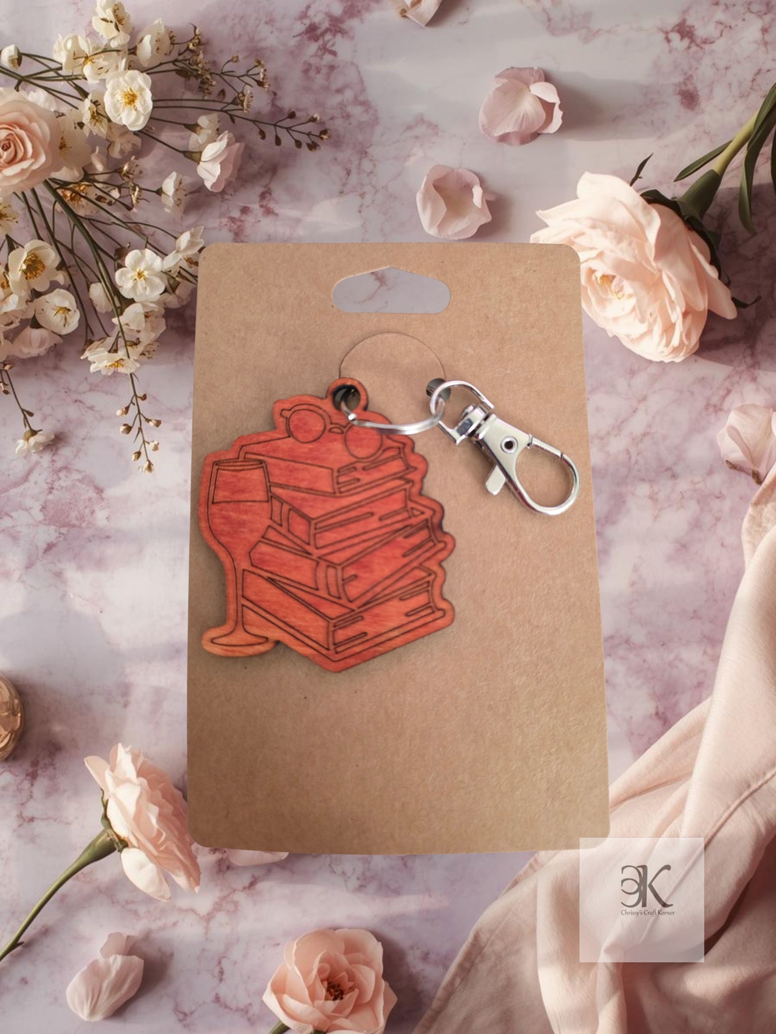 Cozy Books and Wine Keychain - Engraved Wooden Wine Glass Book Stack Gift