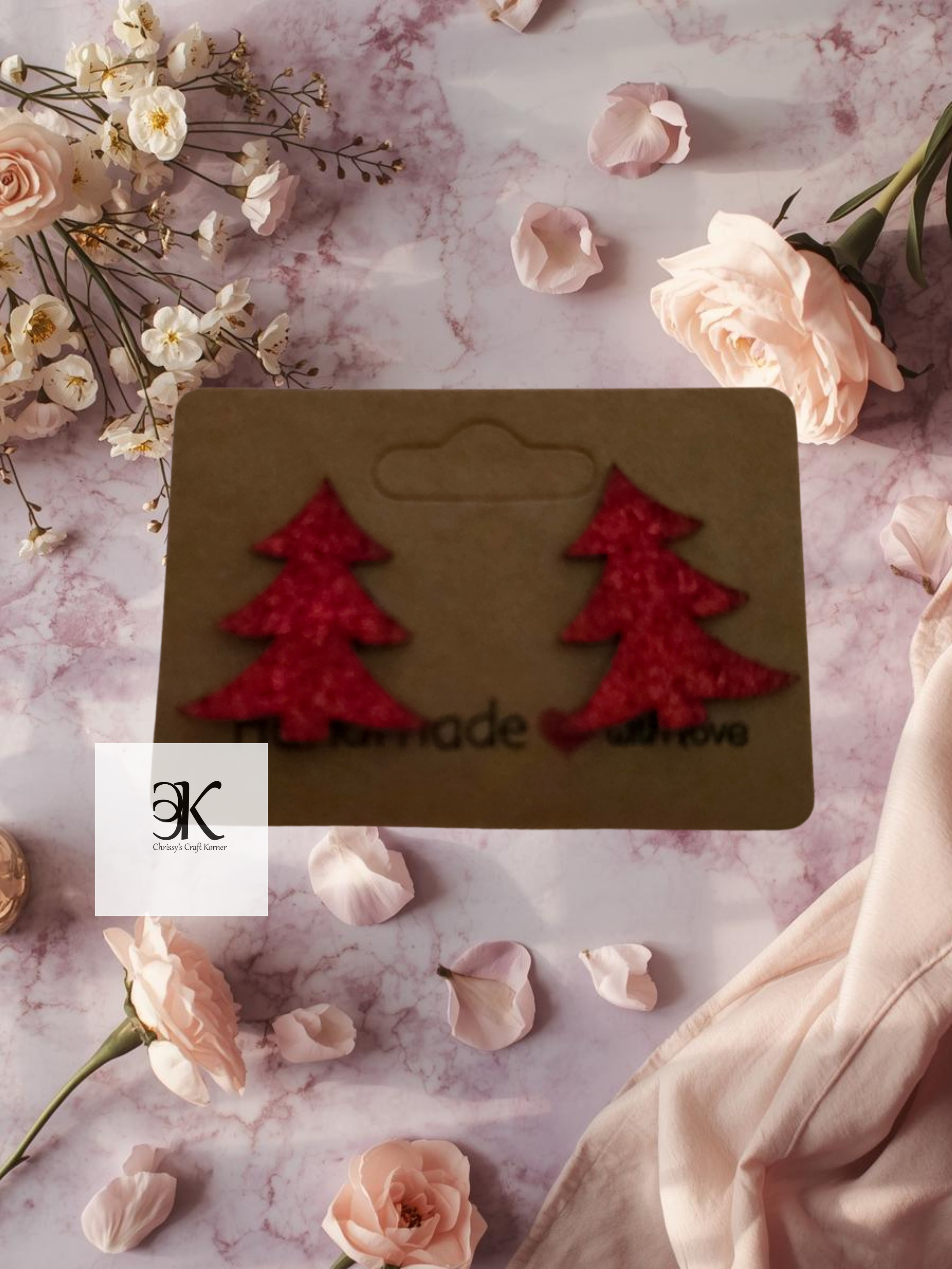 Red Glitter Christmas Tree Stud Earrings | Faux Leather Holiday Studs