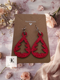 Red Glitter Christmas Tree Teardrop Earrings | Faux Leather Holiday Earrings