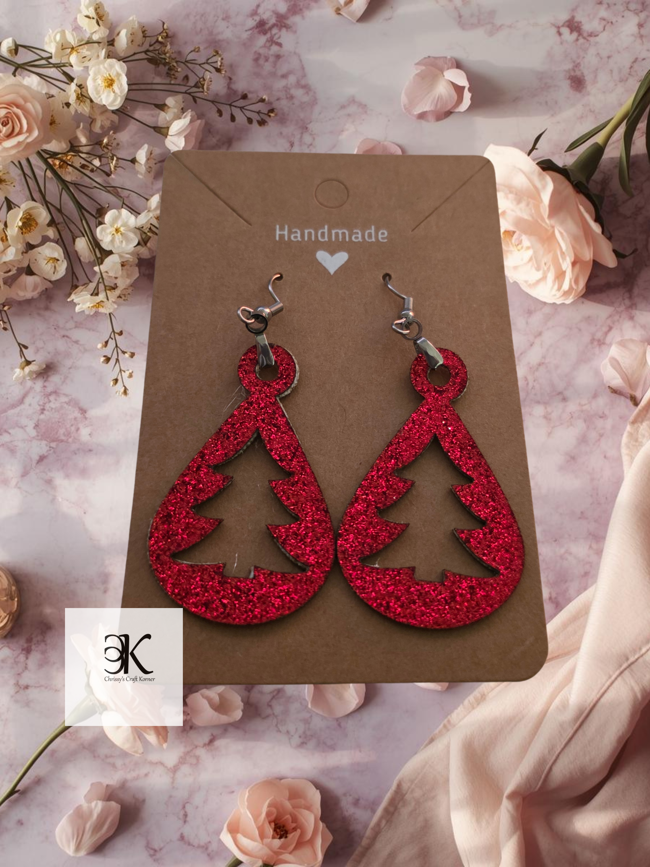 Red Glitter Christmas Tree Teardrop Earrings | Faux Leather Holiday Earrings